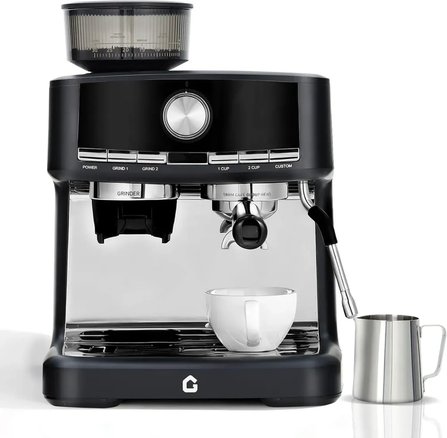 Professionelle Espressomaschine 20 Bar mit Mahlwerk, 1,5L Wassertank und Milchaufschäumer, 30 Mahlgrade und 58mm Siebträger