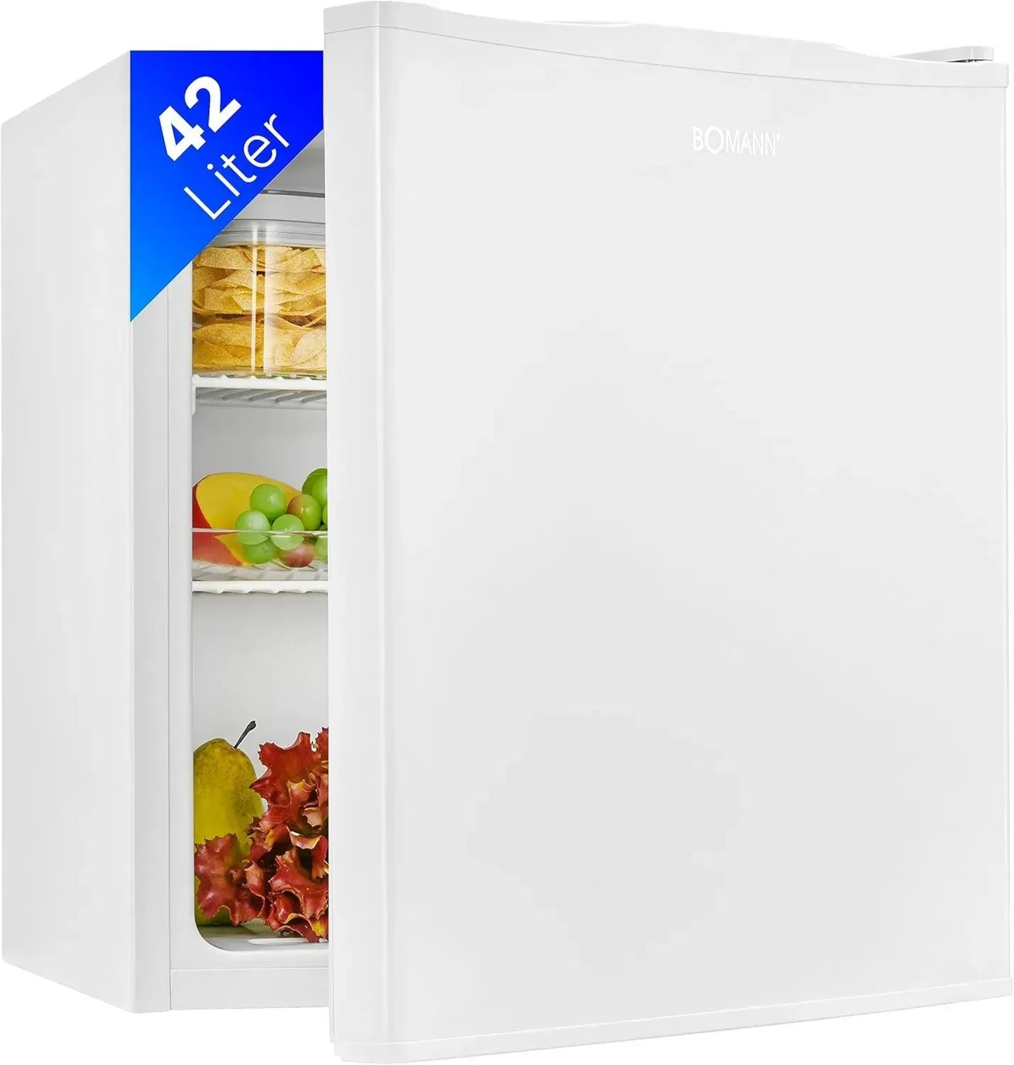 Bomann® Kompakter Mini-Kühlschrank 42L, leise 39 dB, ideal für Büro, Camping & Gaming, wechselbarer Türanschlag, 51x45x45 cm, Modell KB 7346, weiß