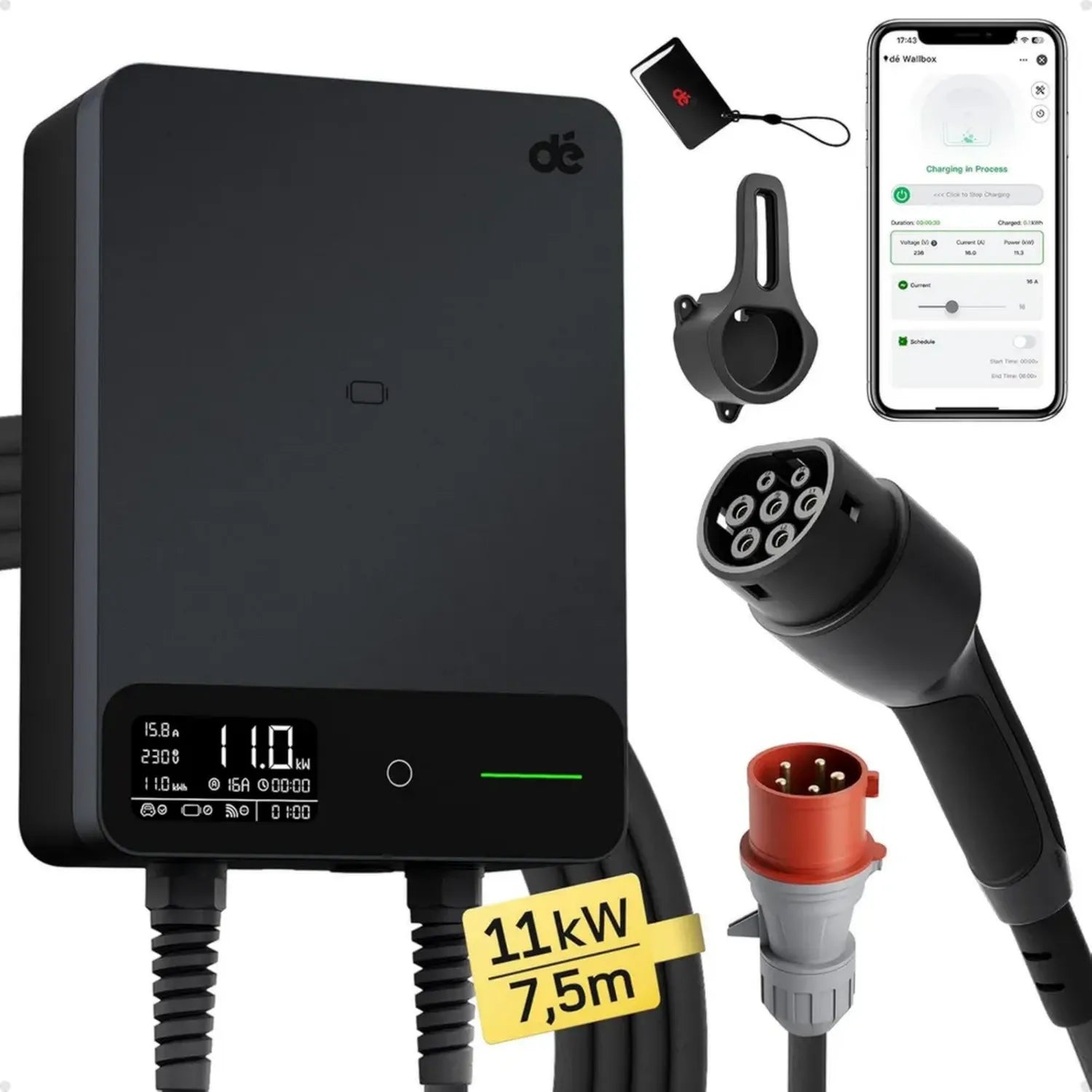 Smarte 11kW Wallbox mit App-Steuerung, 7,5m Typ 2 Kabel, 3-Phasen-Ladestation (6-16A, 400V), RCD Typ B, IP54-Schutz, geeignet für Elektro- und Hybridfahrzeuge