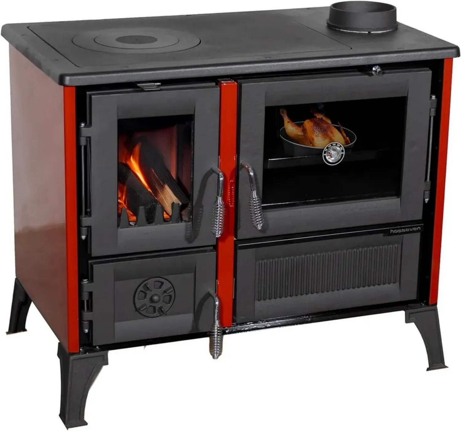 Holzofen 8 kW mit Backofen und Kochplatte, Rot, Mehrfachbelegung