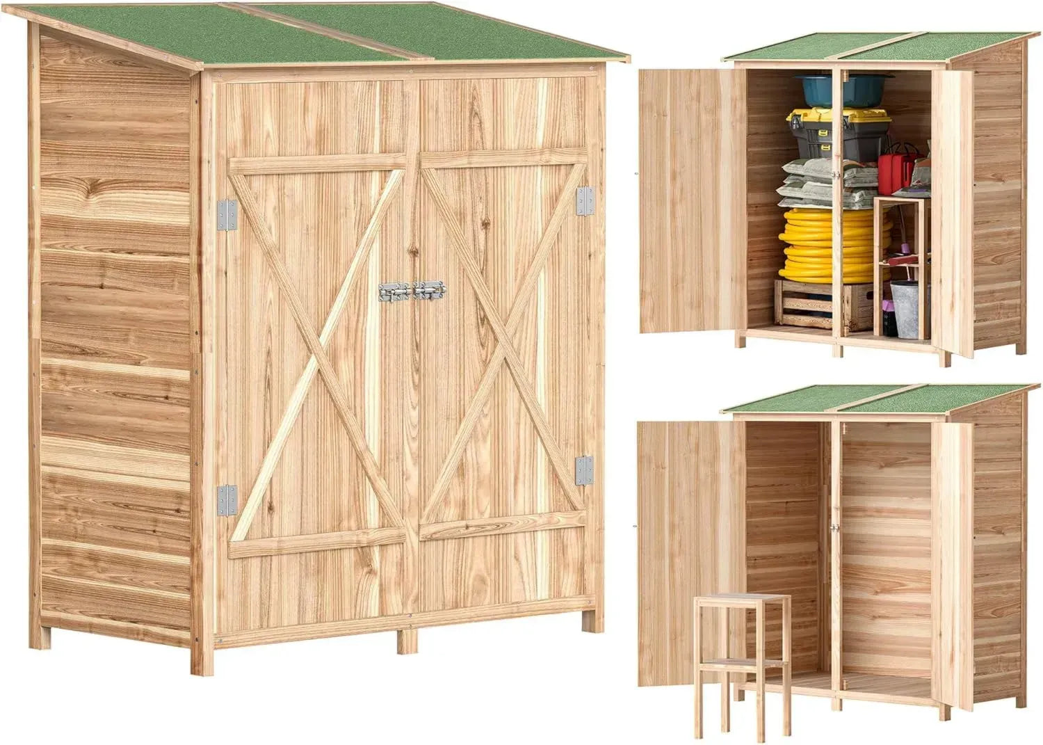 Outsunny Wetterfester Geräteschrank aus Holz mit Pultdach, 140 x 75 x 157 cm, Abschließbares Gartenhaus für Terrasse