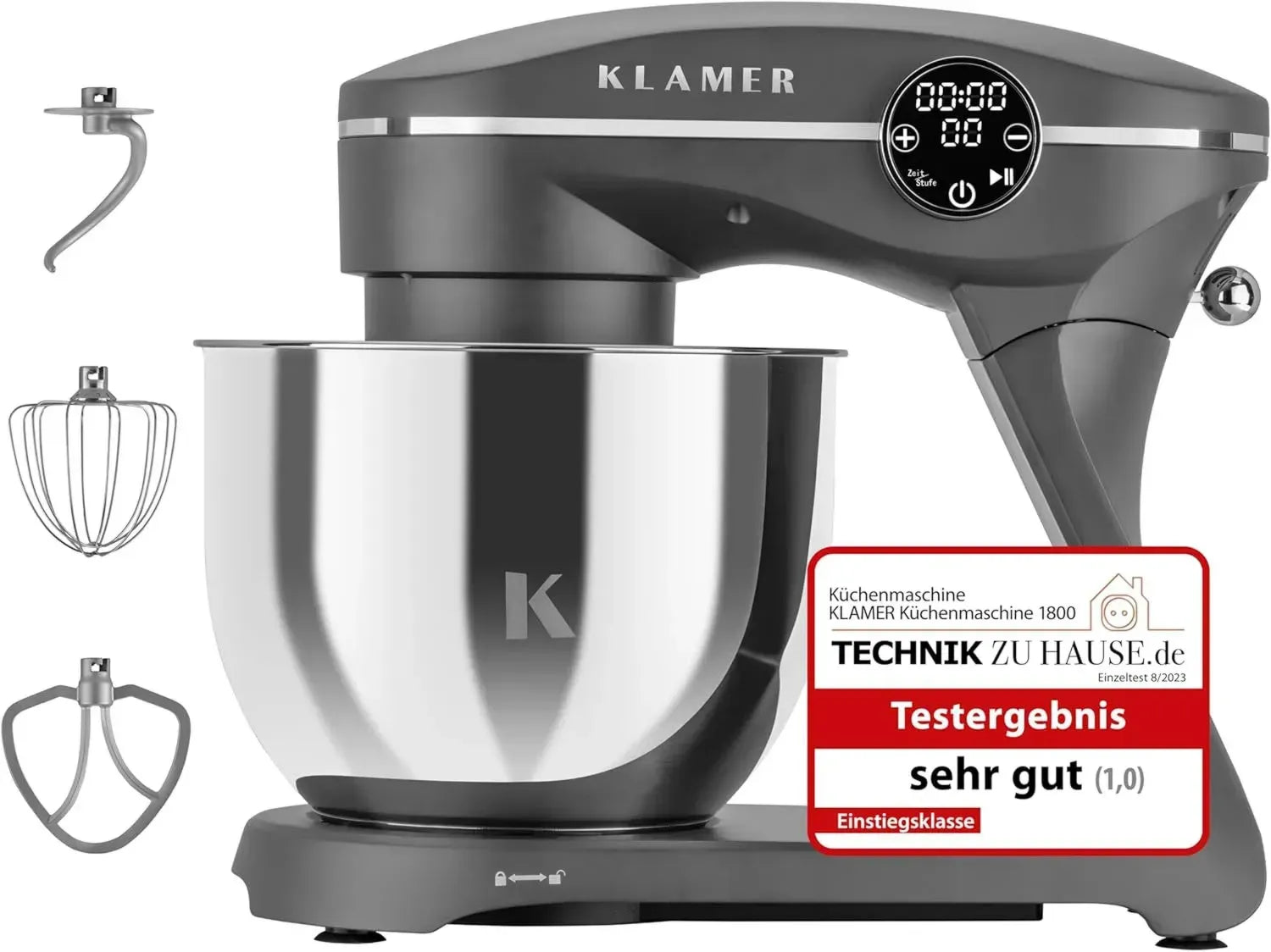 KLAMER Multifunktions-Küchenmaschine 1800W mit 6L Edelstahlschüssel, 10 Geschwindigkeiten & Timer, inklusive Knethaken, Schneebesen & Spritzschutz (grau)