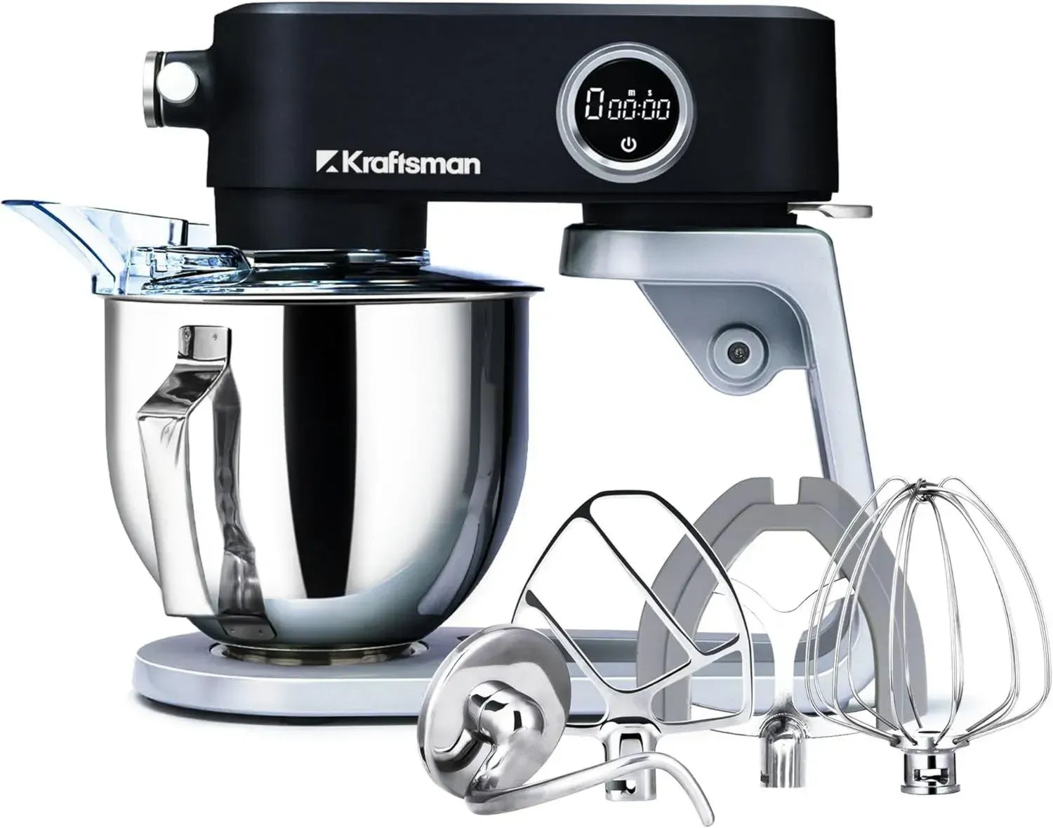 Multifunktionale Küchenmaschine mit Metallgehäuse, 8 Geschwindigkeiten, 5L Edelstahlschüssel, Zubehör: Flachrührer, Flexibler Rührer, Knethaken, Schneebesen, Timer & Sichtdeckel - Schwarz