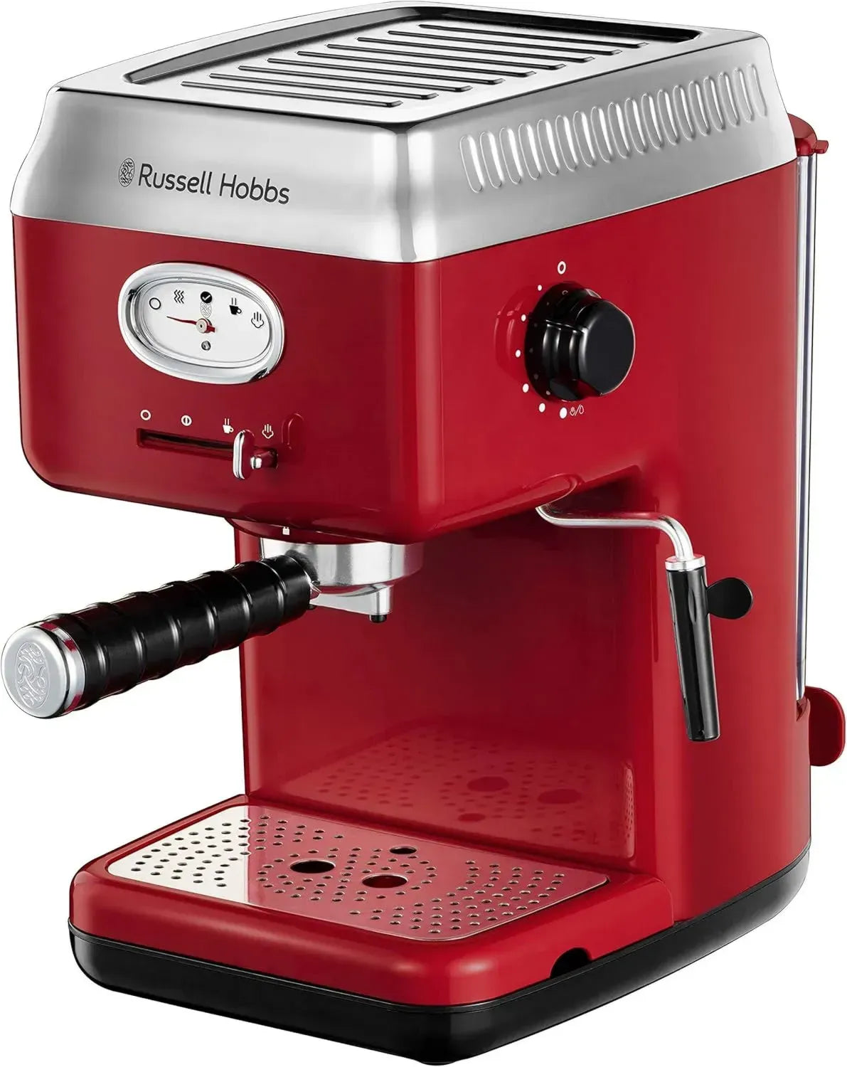 Russell Hobbs Retro Espressomaschine Rot, 15 Bar Druck, Siebträger, 2 Tassen, 1,1l Wassertank, Milchschaumdüse