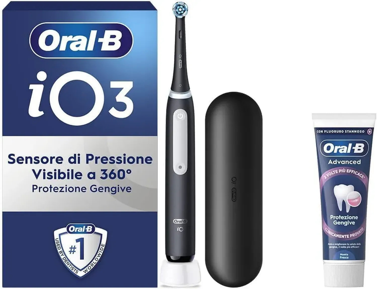 Oral-B iO 3 Elektrische Zahnbürste schwarz mit Ersatzkopf und Reiseetui, inklusive Advanced Zahnfleischschutz Zahnpasta