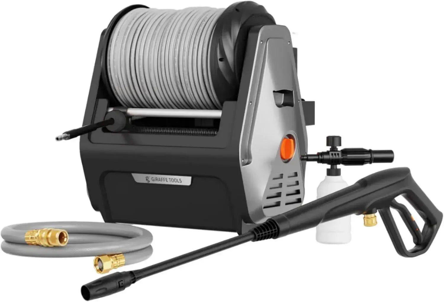 Giraffe Tools Hochdruckreiniger 1800W, 2400 PSI, 2.0 GPM, Wandmontage mit 30m Schlauchtrommel, Grau