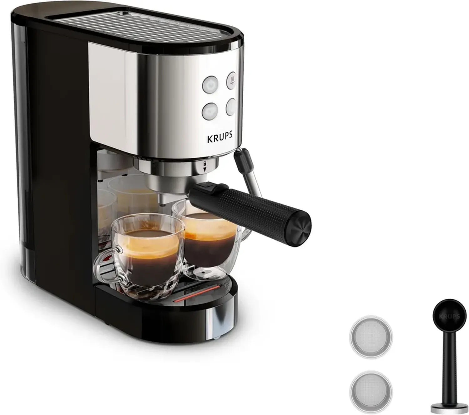 Krups Virtuoso Espresso Maschine, 15 Bar, Edelstahl, Kompaktes Design, 4-Funktionen-Panel, Barista-Zubehör, Modell XP441810