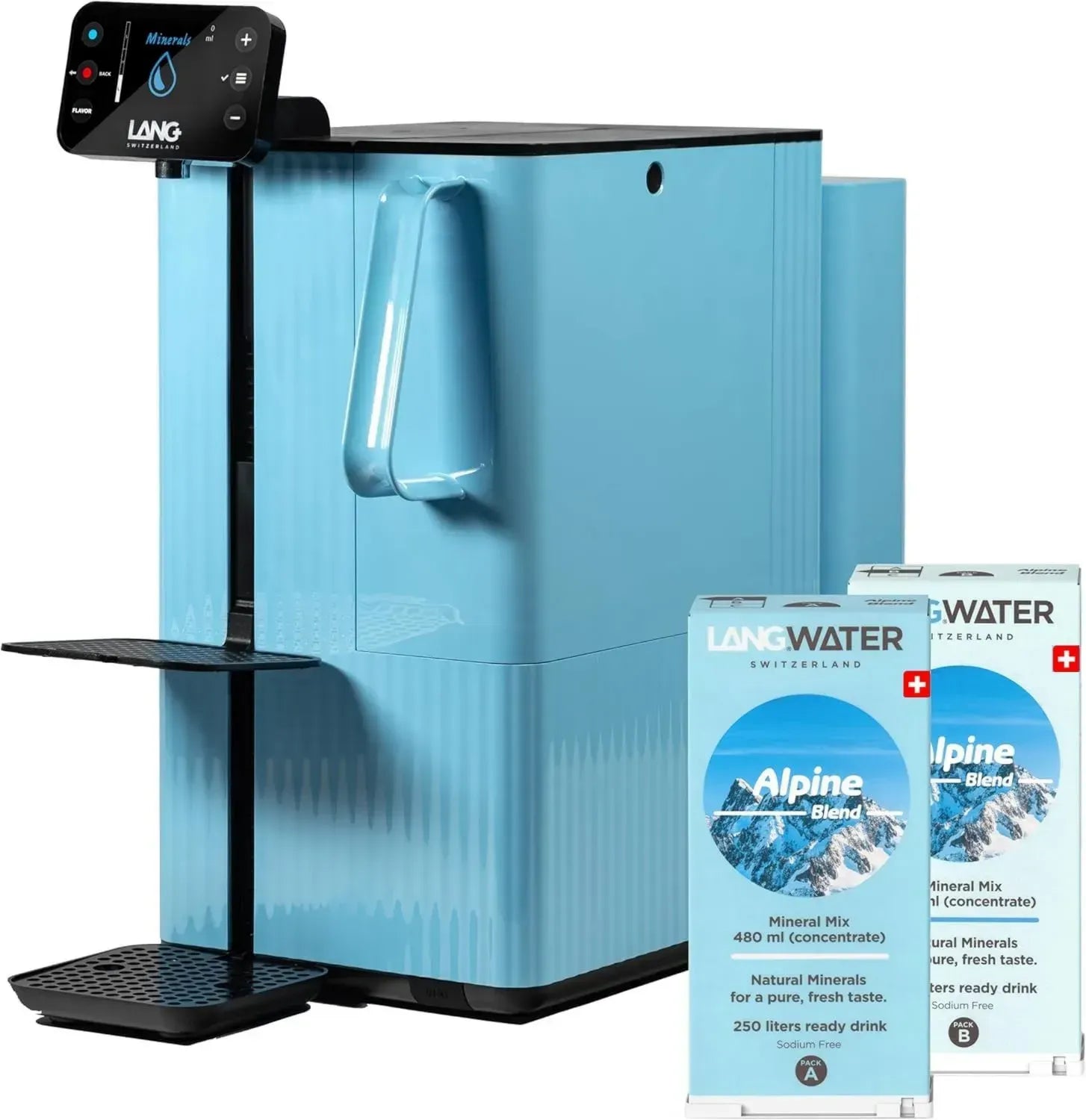 LANGWATER Osmose-Wasserfilter mit Heißwasserspender und einstellbarer Mineralisierung - 4-stufiges Filtersystem (dauerhafte NSF58 RO, UV) & Schweizer Mineralpacks