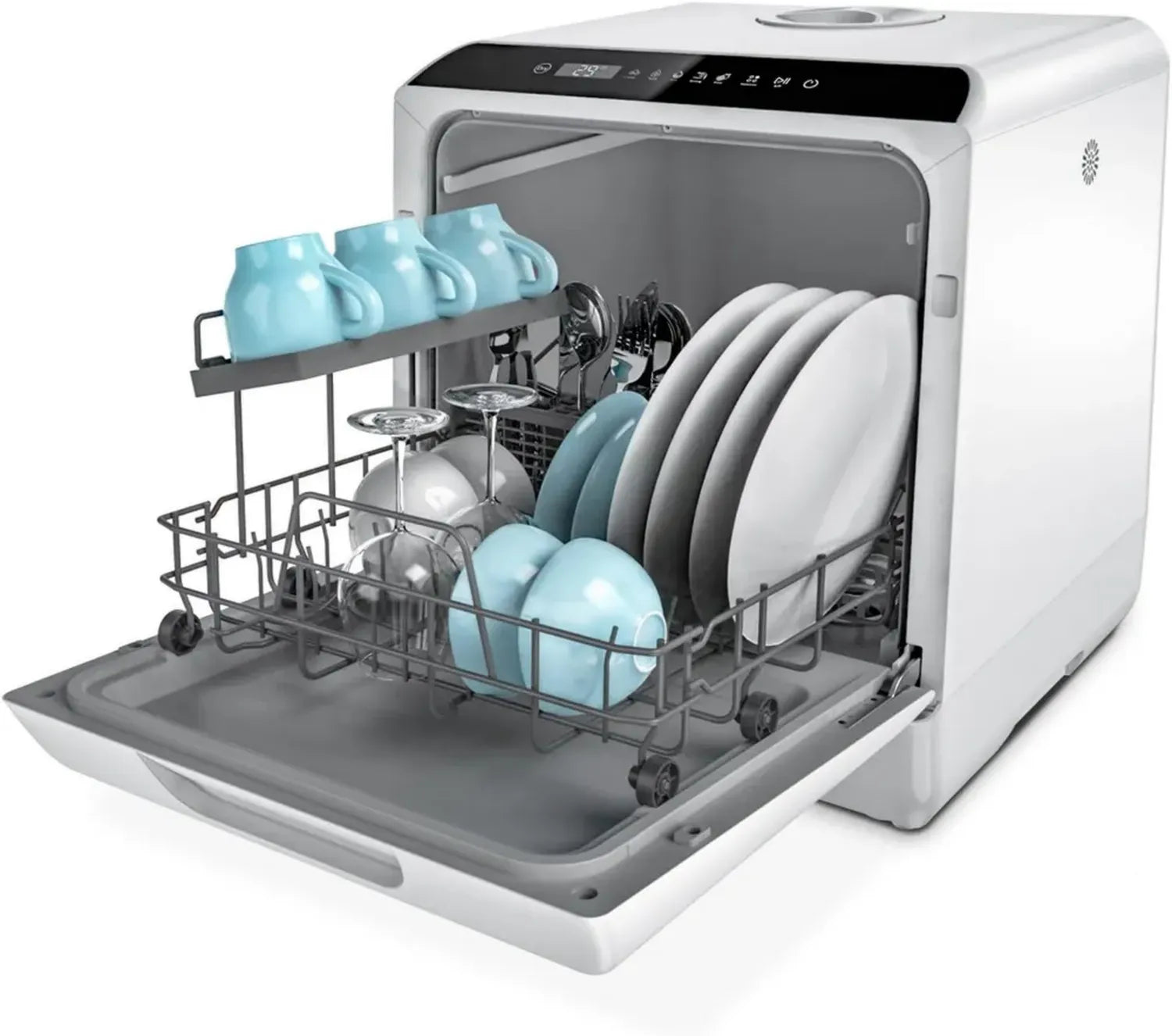 Kompakter Hermitlux Mini Geschirrspüler, 43 cm, 4 Maßgedecke, flexibel ohne Wasseranschluss, ideal für Camping, 175 kWh/Jahr, Weiß