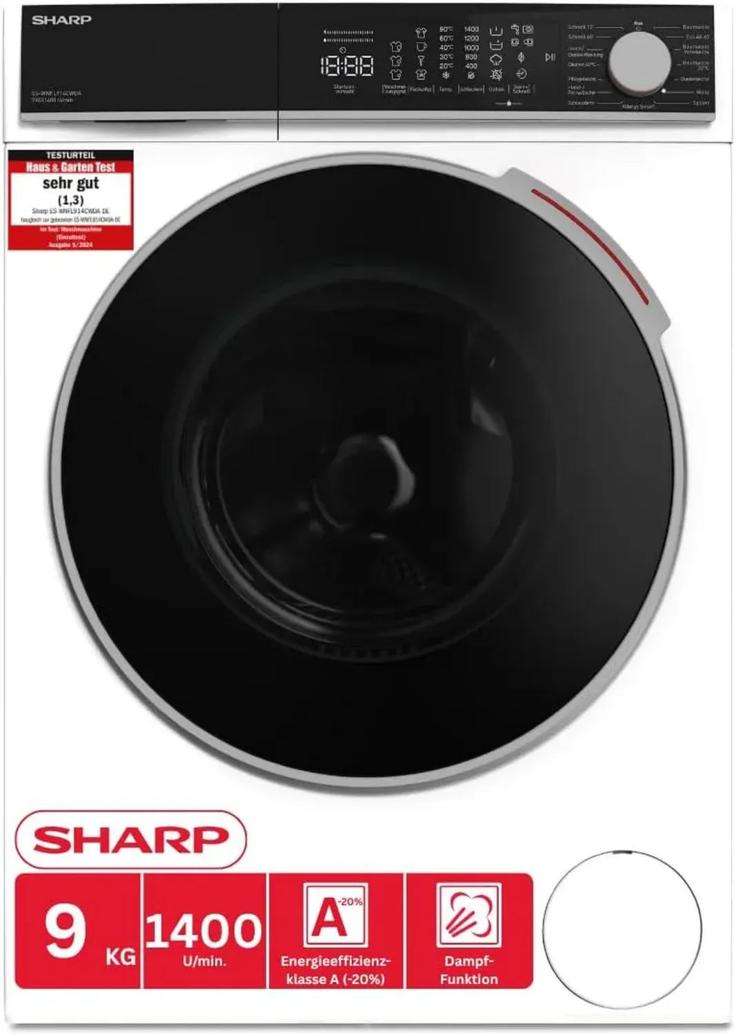 SHARP Waschmaschine 9 kg, 1400 U/min, Energie A (-20%), Inverter-Motor, AquaStop, AllergySmart, LED-Touch-Display, WLAN, 15 Programme, Weiß