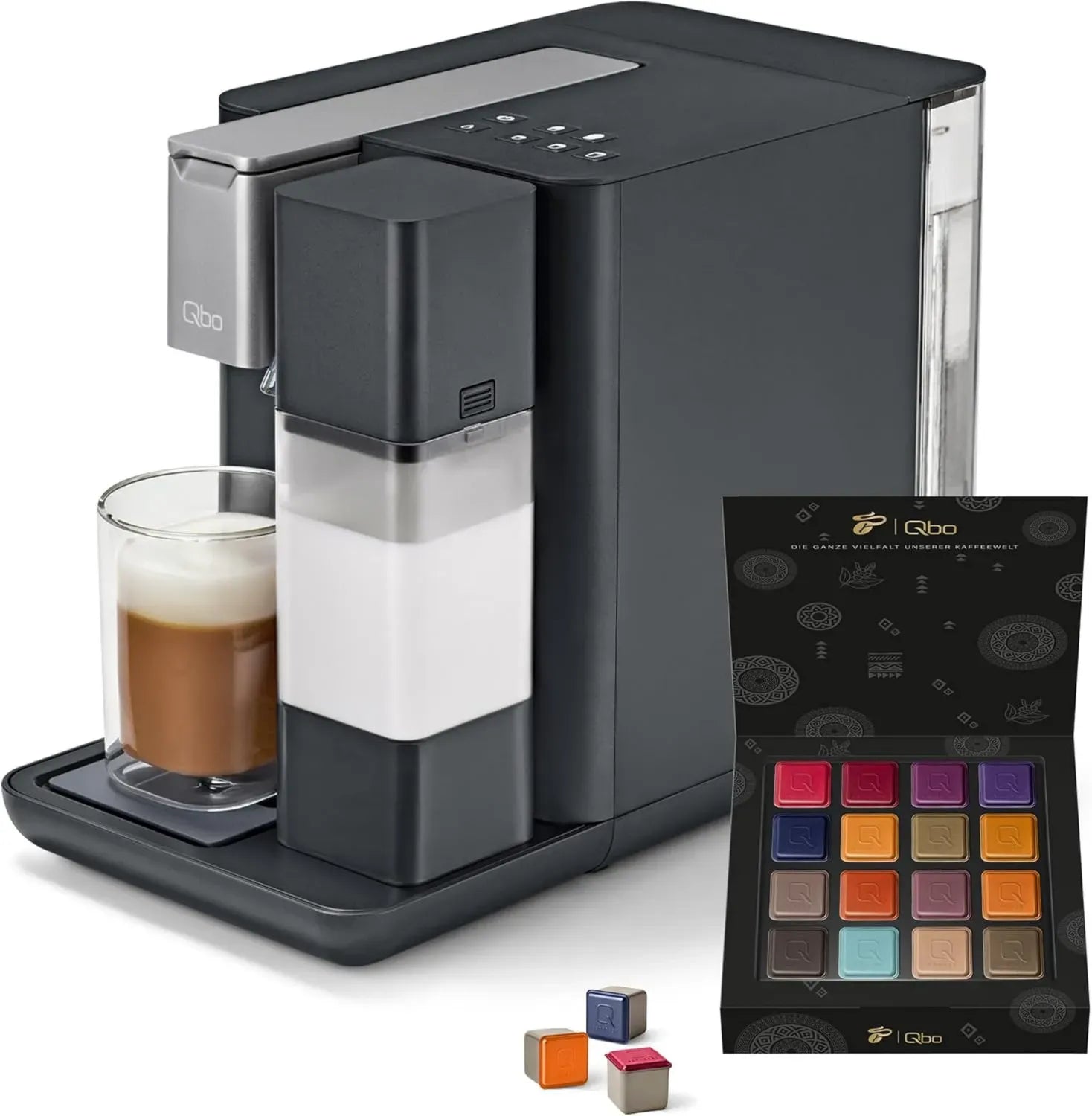 Tchibo Qbo MILK MASTER Kapselmaschine mit 16 Qbo Kapseln, für Cappuccino und Espresso, mit Milchtank, Gentle Grey