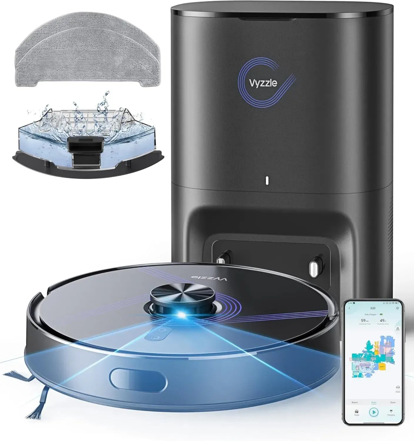 Vyzzle Saugroboter mit Wischfunktion, 5500 Pa, Absaugstation 3.5L, ideal für Tierhaare und Teppich, APP-, Alexa- & Google Assistant-Steuerung (Schwarz)