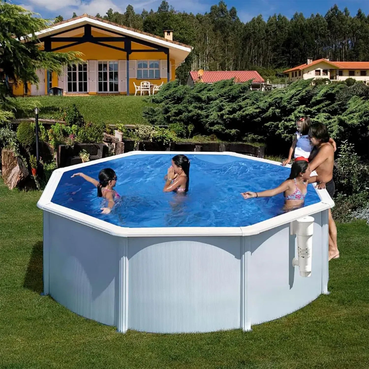 Paradies Pool® Runder Stahlwandpool 460x120cm, Weiß, mit blauer Plane, Breiter Handlauf, Skimmer-Set und Leiter inklusive