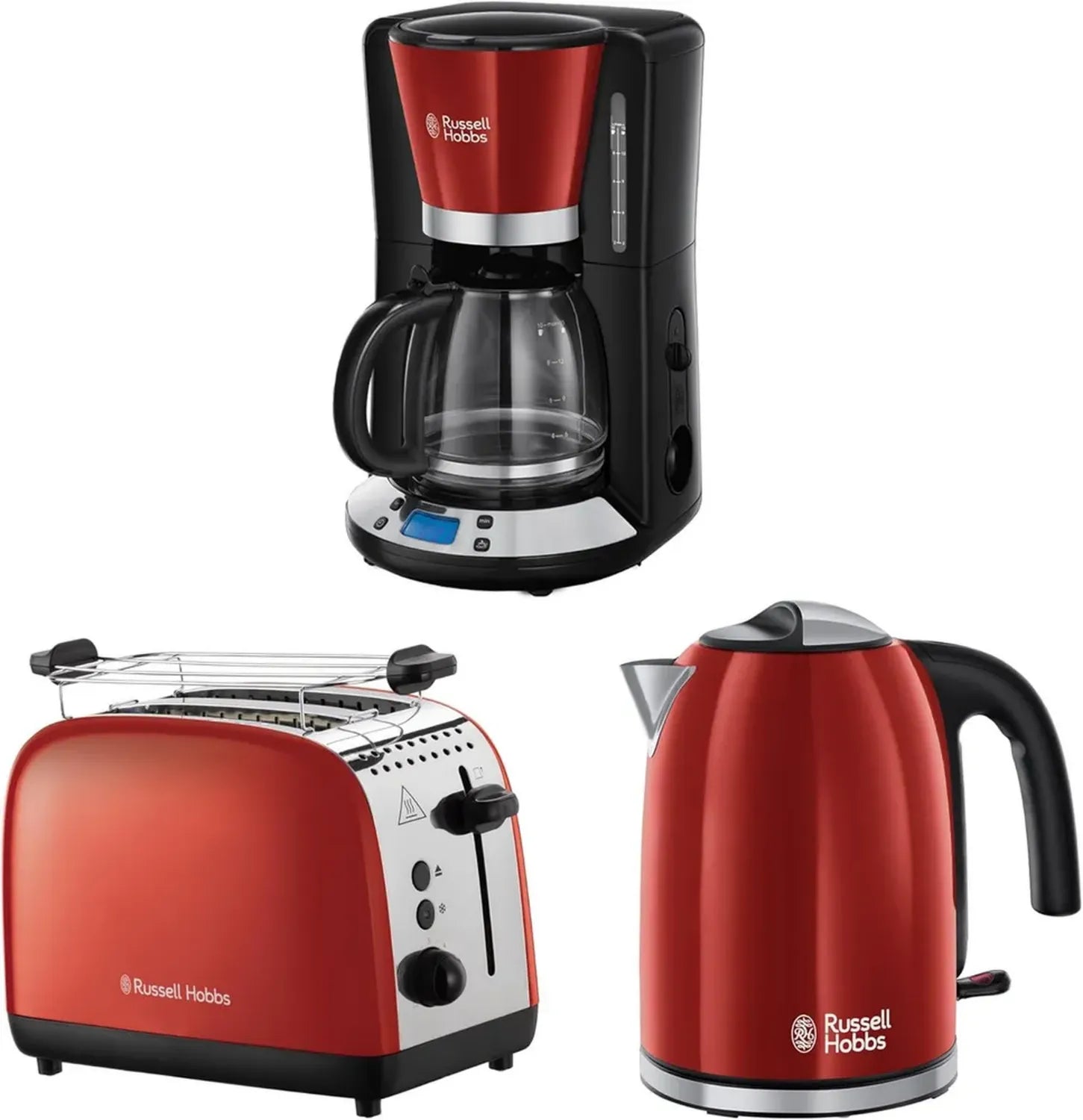 Russell Hobbs Frühstücksset Rot: Kaffeemaschine mit Timer & Brausekopf + Wasserkocher 1,7L 2400W + 2-Scheiben-Toaster