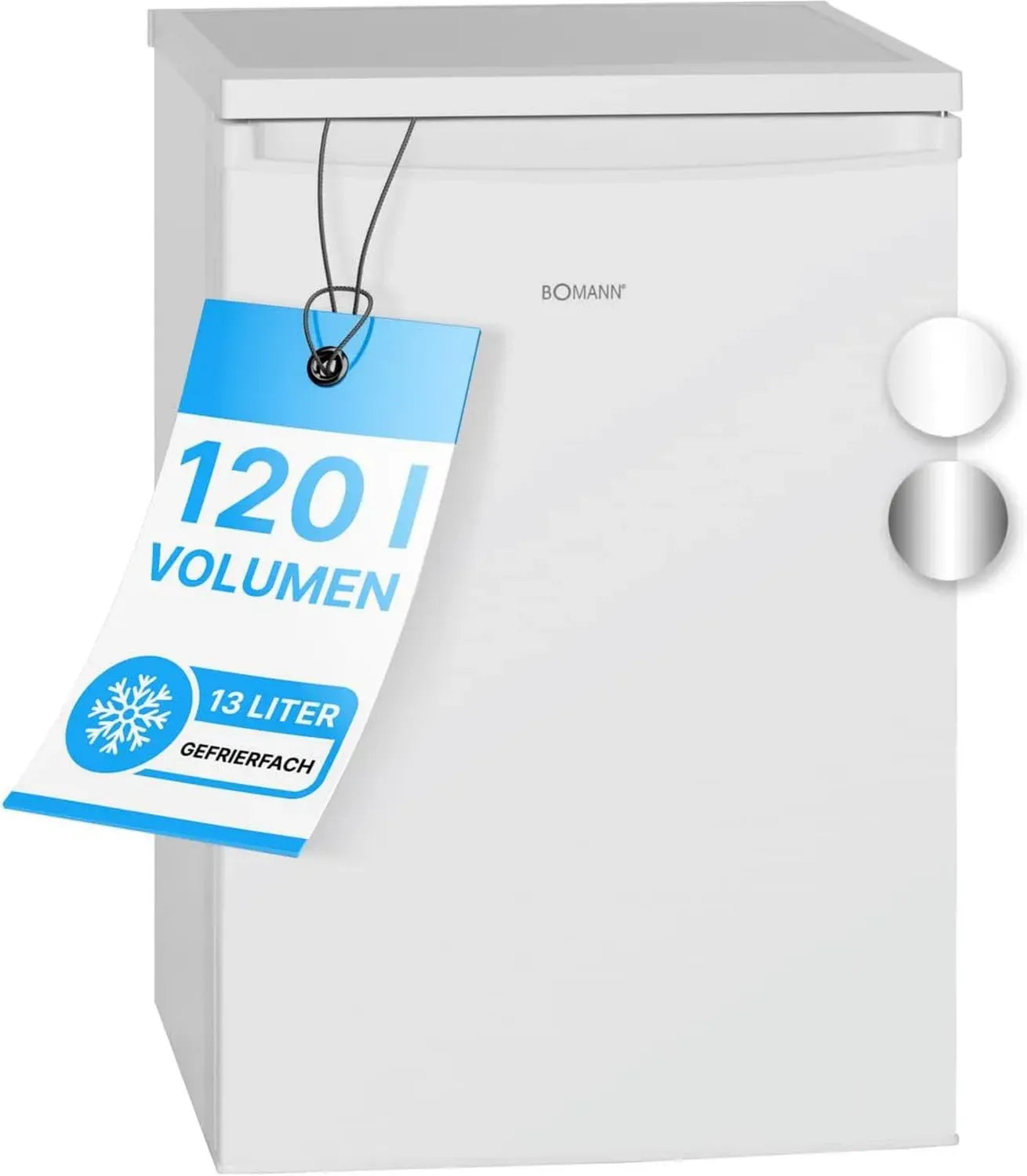 Bomann Mini-Kühlschrank mit Gefrierfach, 120L, 3 Türablagen, 2 Glasregale, wechselbare Tür, Weiß