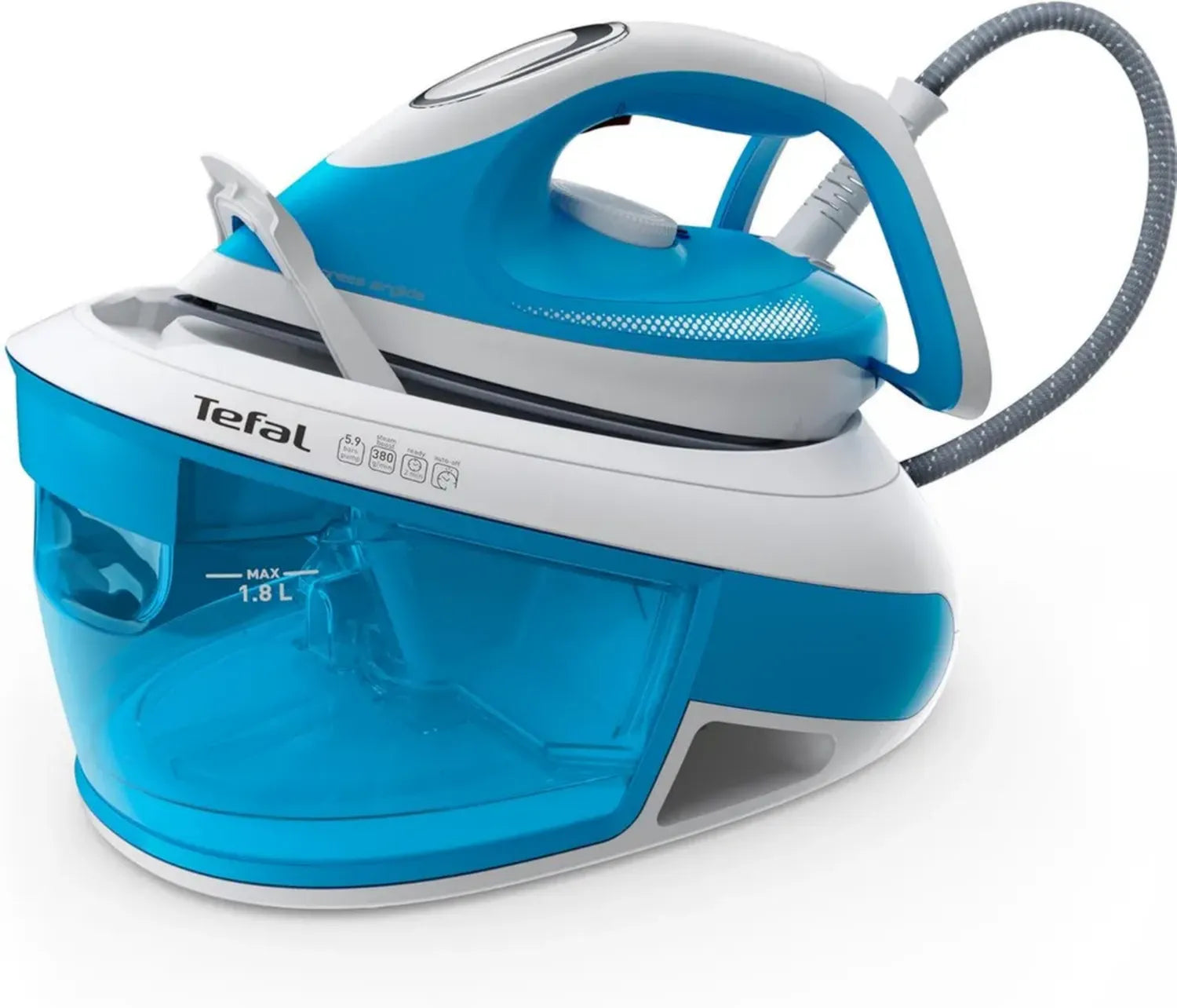 Tefal Hochleistungs-Dampfbügelstation, 2800 W, Durilium Bügelsohle, 5,9 Bar Druck, 120 g/Min Dauerdampf, 380 g/Min Extra-Dampfstoß, Vertikaldampffunktion, weiß/blau
