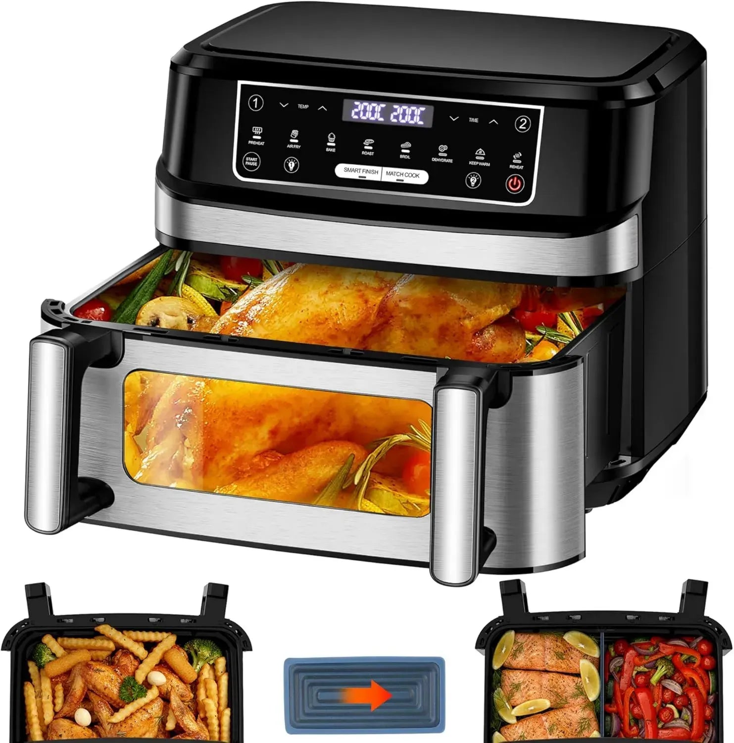 XXL Heißluftfritteuse mit 12L Volumen, 8-in-1 Doppelkammer & Touchscreen
