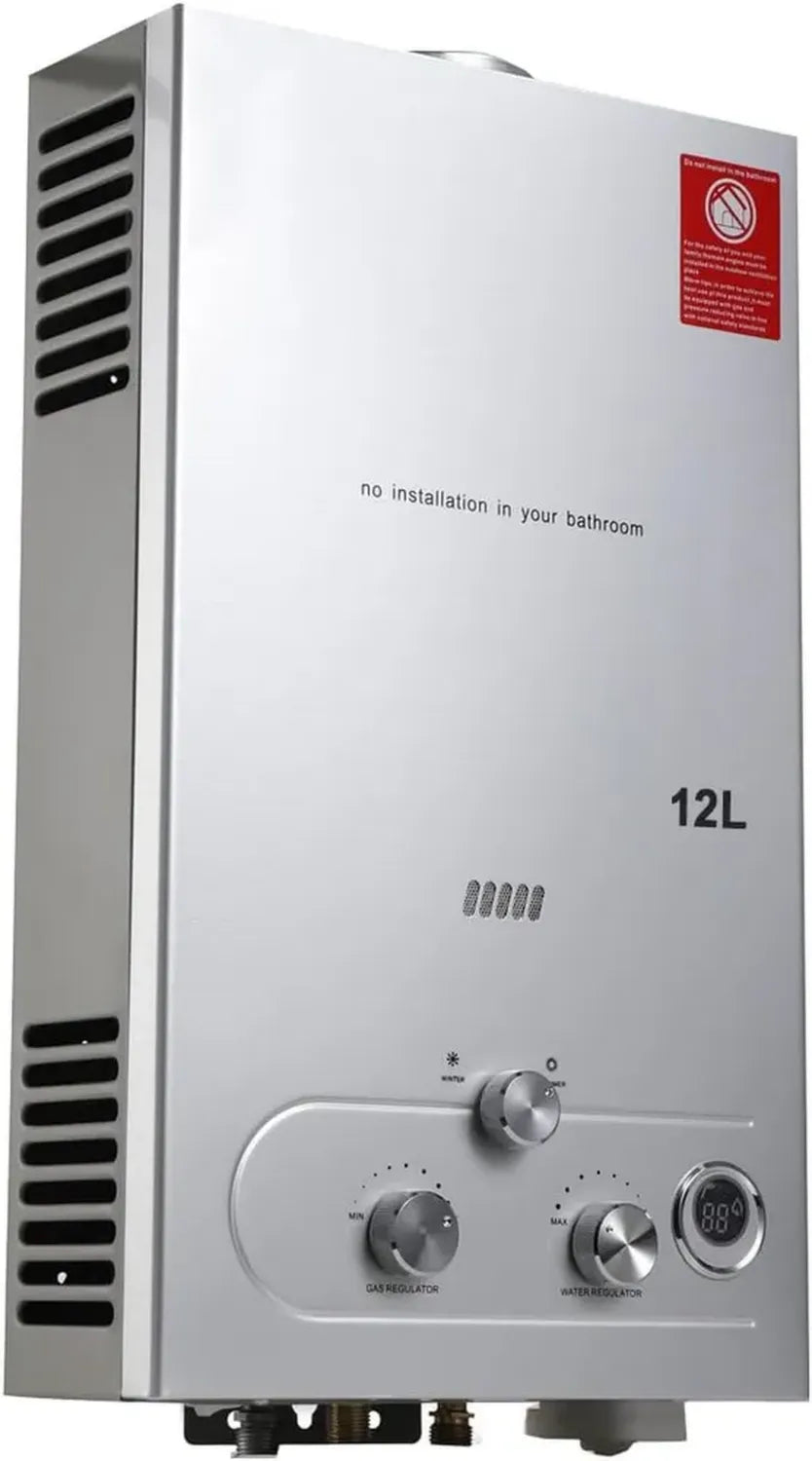 Energieeffizienter 24kW Gas-Durchlauferhitzer mit 12L Kapazität, inkl. Duschkopf-Kit, ideal für kompakte Räume und Camping