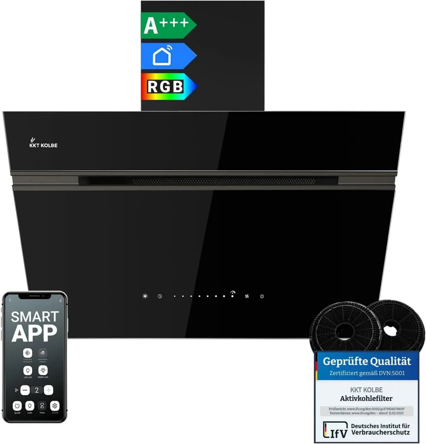 KKT Kolbe Kopffrei-Wandhaube 60 cm, 782 m³/h, Schwarz Glas, Umluft/Abluft, WiFi-Steuerung, LED-Beleuchtung