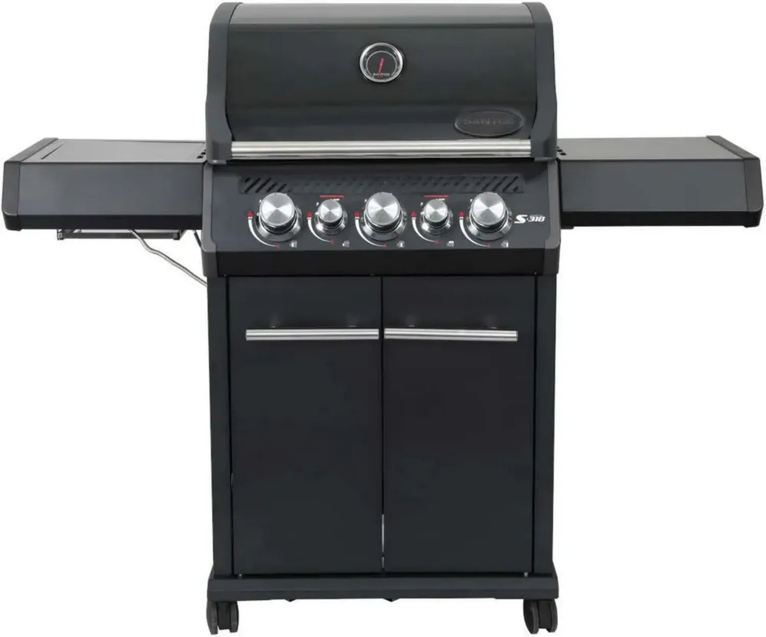 SANTOS Gasgrill S-318 mit Infrarot-Zone & Heckbrenner - Ausziehbares Warmhalterost, Drehspieß & Silikonablage - Komplett Schwarz