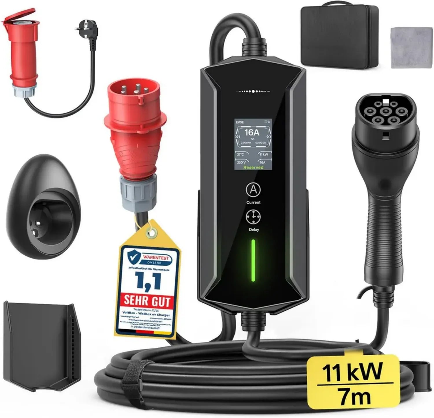 Tragbare Wallbox 11kW Typ 2 - 7m, 6-16A, 3-phasig, Wasserdicht, Einstellbarer Ladestrom, Startzeitvorwahl, CEE 16A Adapter, Kompatibel mit allen EVs & PHEVs
