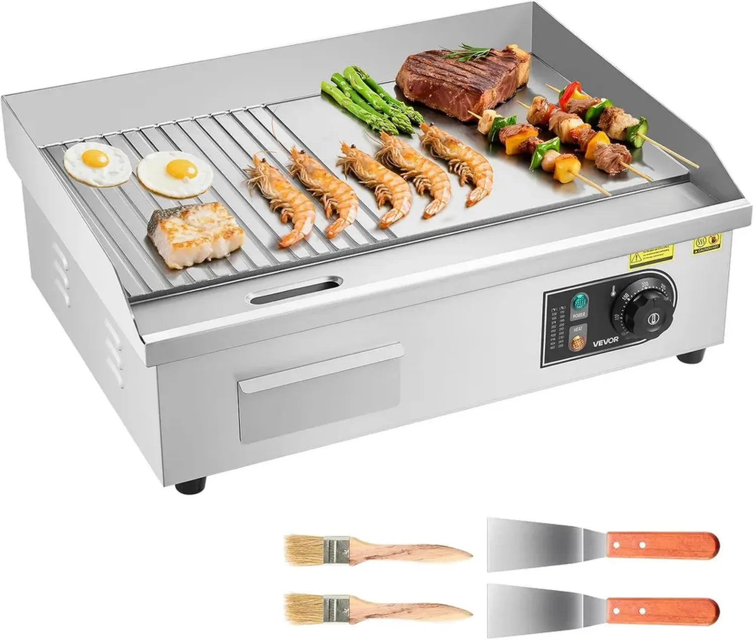 VEVOR Elektrische Grillplatte 3200W, 53x30 cm, Kombinierte Fläche, Inkl. Zubehör, Ideal für Verschiedene Gerichte