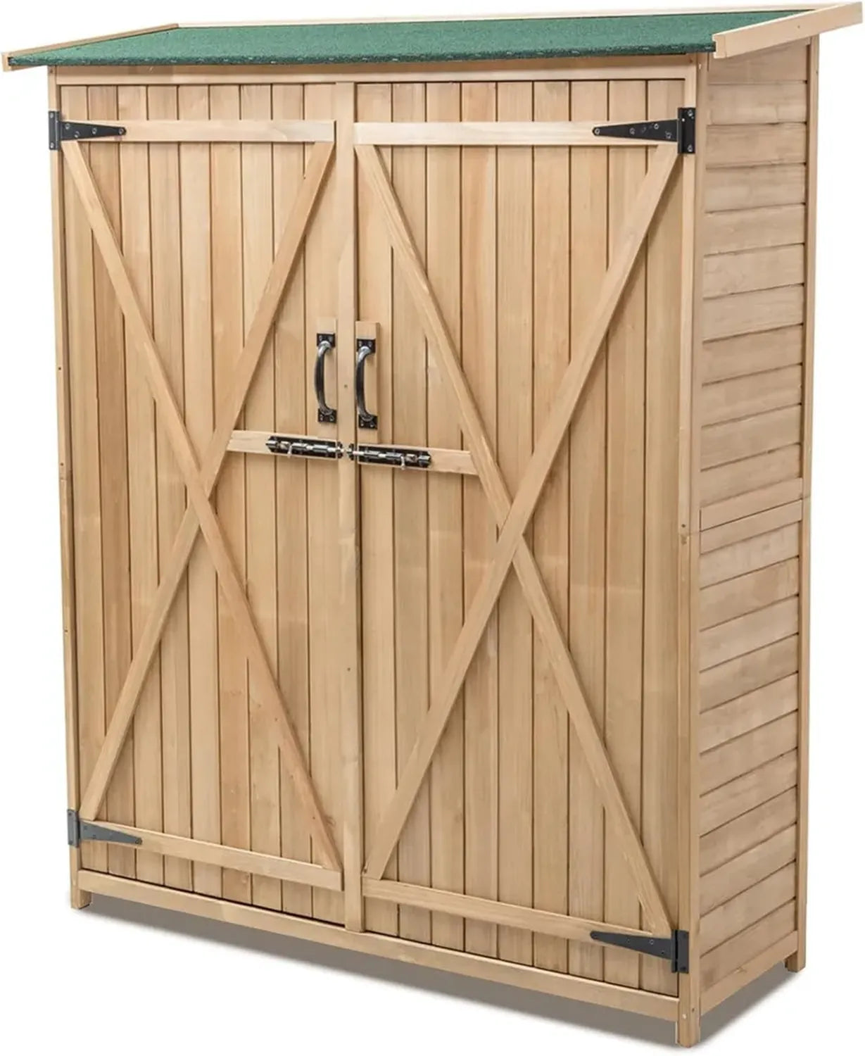 Wetterfester Holz-Gartenschrank mit Satteldach, abschließbare Doppeltüren und 3 Regalen, 140 x 50 x 162 cm