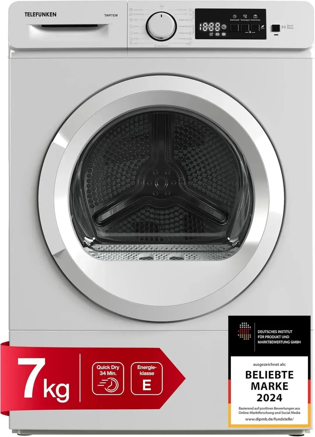 Telefunken Wärmepumpentrockner 7 kg, Frontlader mit Knitterschutz und Timer, Energieeffizient und leise, 15 Programme, Trommelbeleuchtung