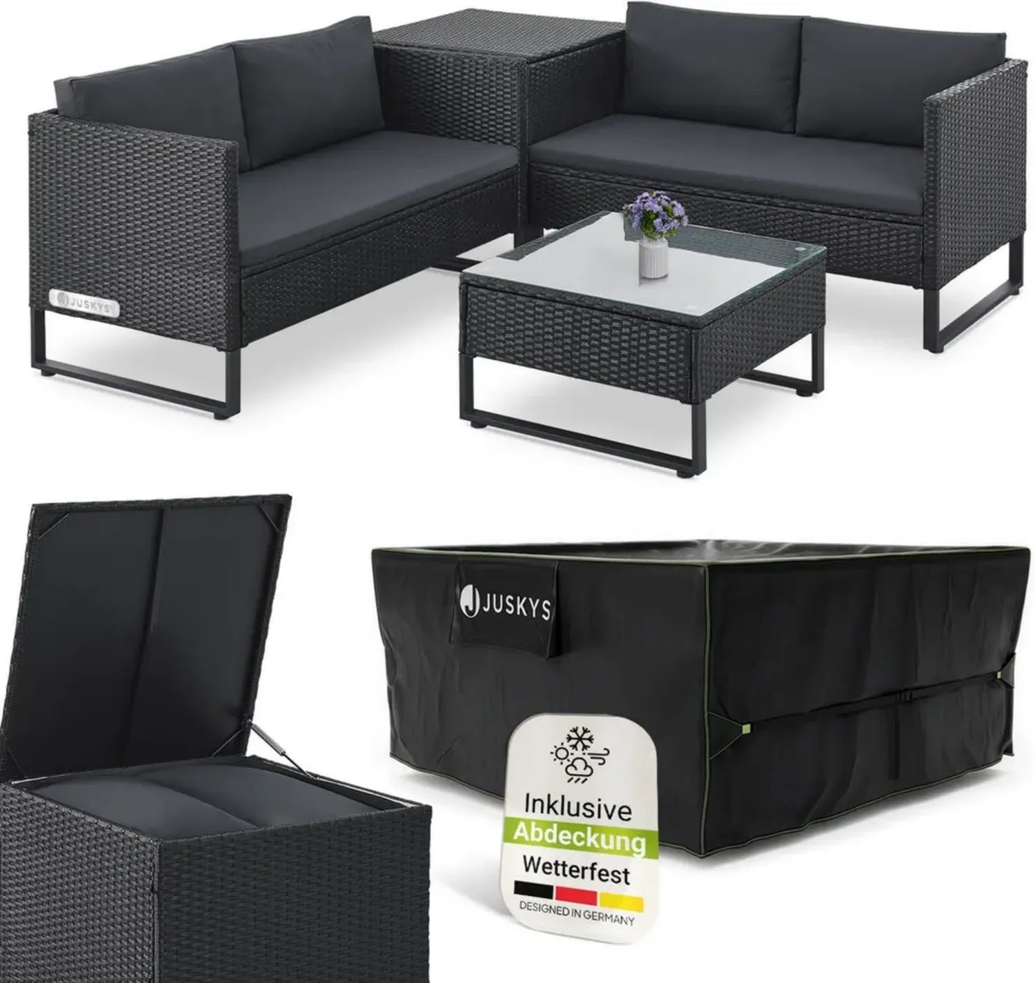 Polyrattan Gartenlounge Set Santorini mit Abdeckung, Tisch & Auflagenbox - Wetterfeste Sitzgruppe Schwarz