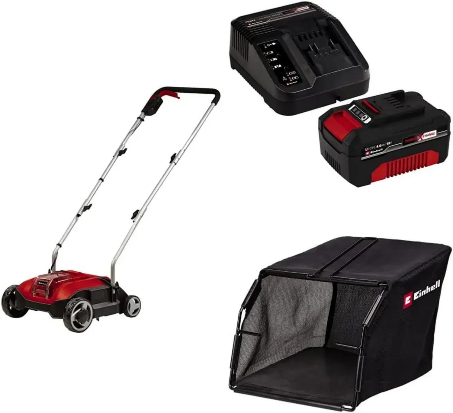 Einhell 18V Akku-Vertikutierer GC-SC 18/28 Li, bürstenlos, 28 cm, 3-stufige Tiefeinstellung, inkl. 4,0 Ah Akku, Ladegerät & Fangsack