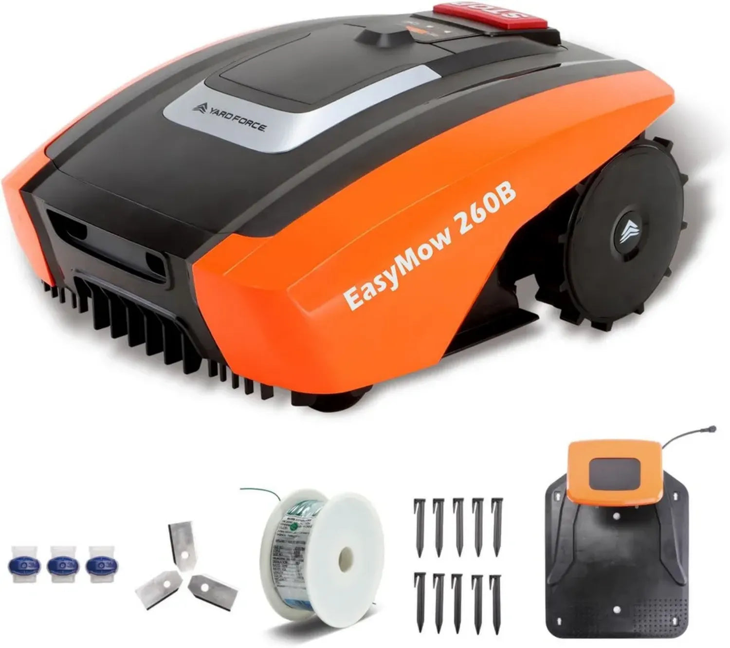 Yard Force Rasenroboter EasyMow 260B, 20V für bis zu 260m² Gärten, Bluetooth-App-Steuerung, Kanten- und Steigungsmodus bis 30%, perfekt für Stadthäuser und Gärten, inklusive 80m Kabel und Installationsset