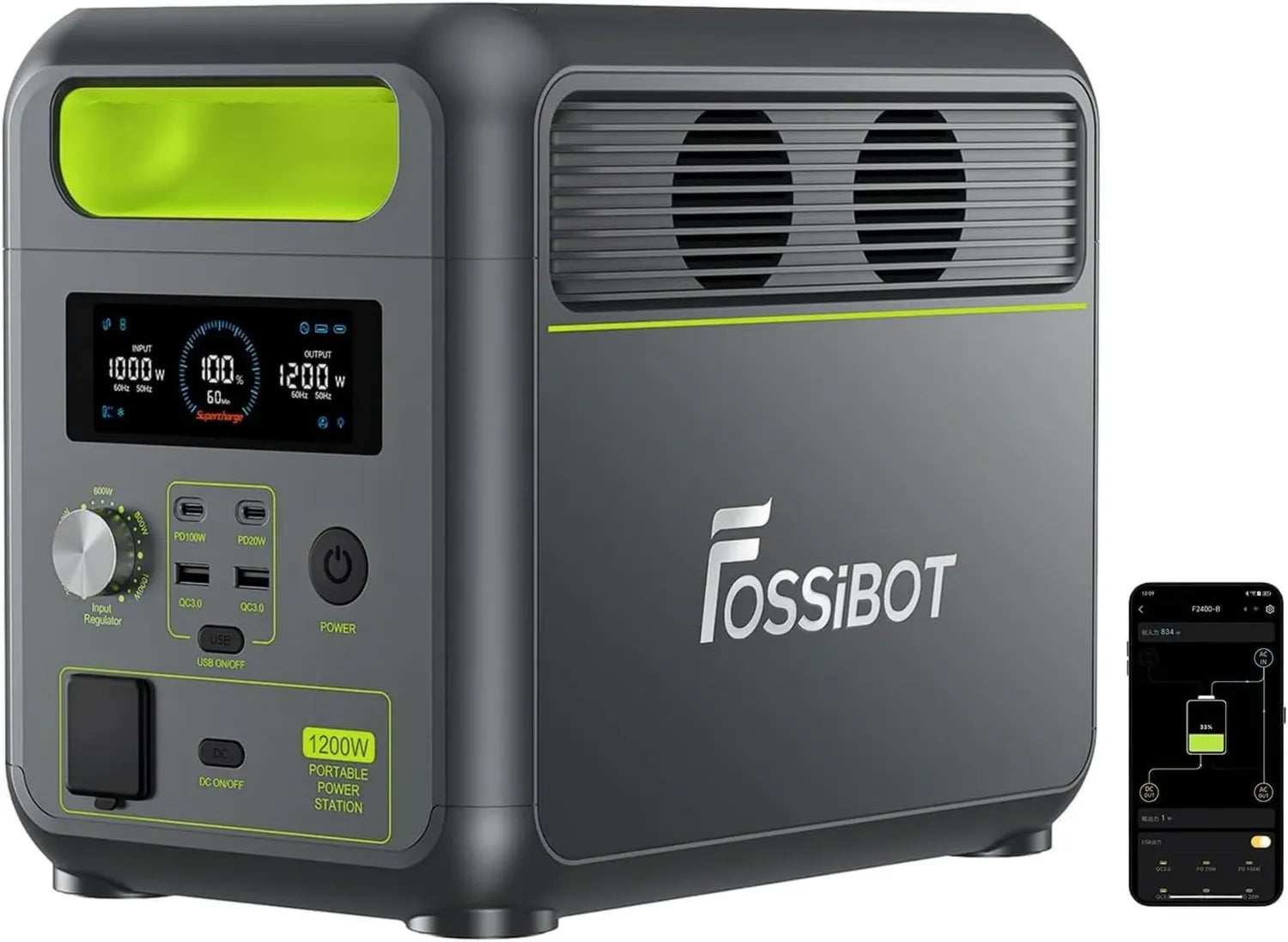 FOSSiBOT Tragbare Powerstation F1200, 1024Wh LiFePO4 Solargenerator, Schnellladefunktion, 2x1200W AC-Ausgang, Ideal für Camping und Reisen
