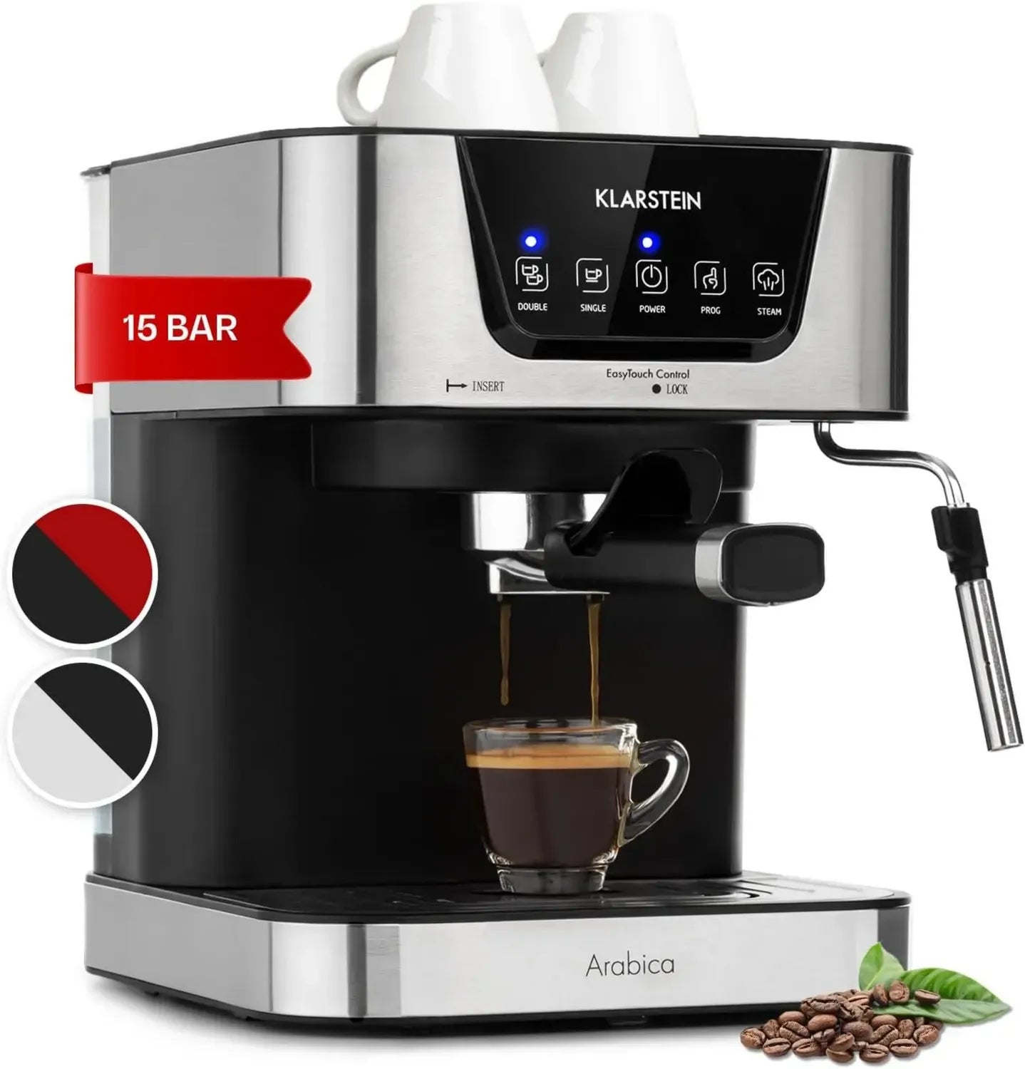 Klarstein Espressomaschine 1,5L mit Milchaufschäumer, 15 Bar, Kompakt für 2 Tassen, Edelstahl, 1050W