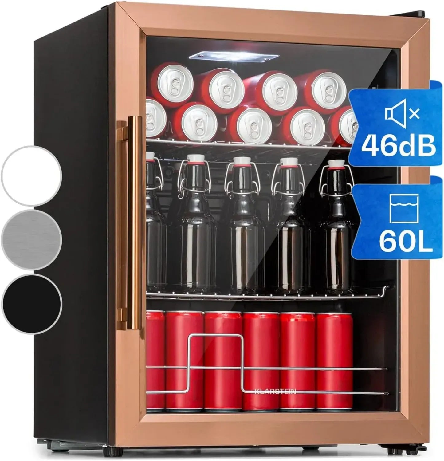 Klarstein Mini-Kühlschrank 60L, leise & wetterfest, Glastür, LED, 2 Ablagen, 3-10°C, für Zimmer & Outdoor