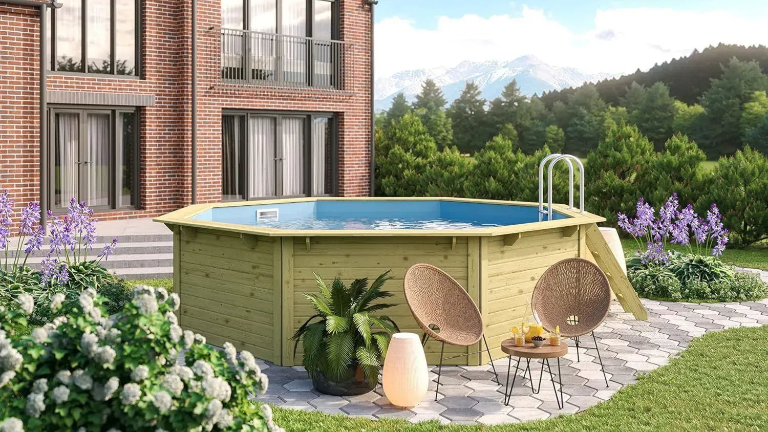 Achteckiger Holzpool 427,5 x 427,5 x 124 cm mit blauer Folie und Zubehör