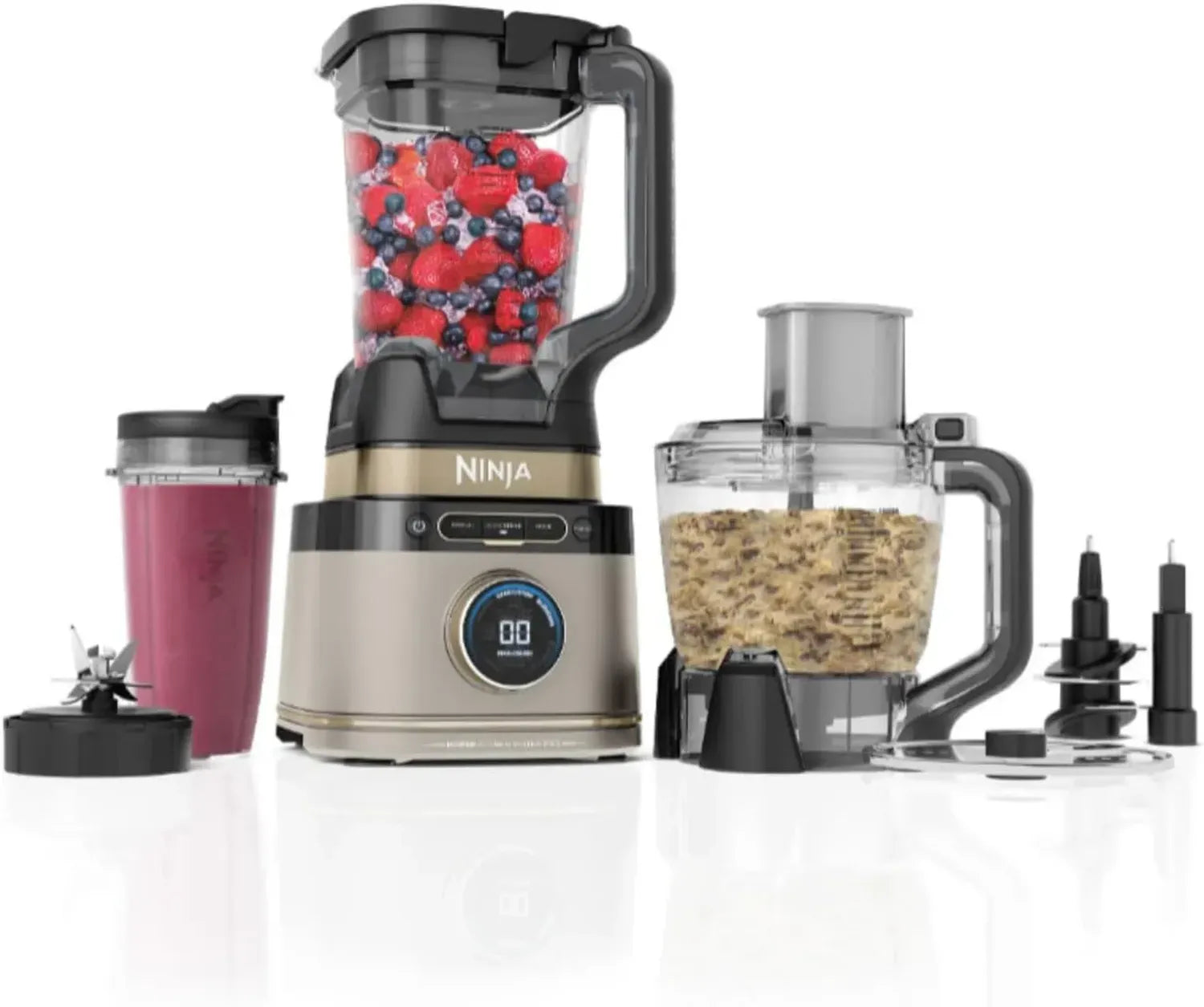 Ninja 3-in-1 Küchenmaschine, 1200W Power Blender mit Einzeltassen, Knethaken und Krug, Stein Gold