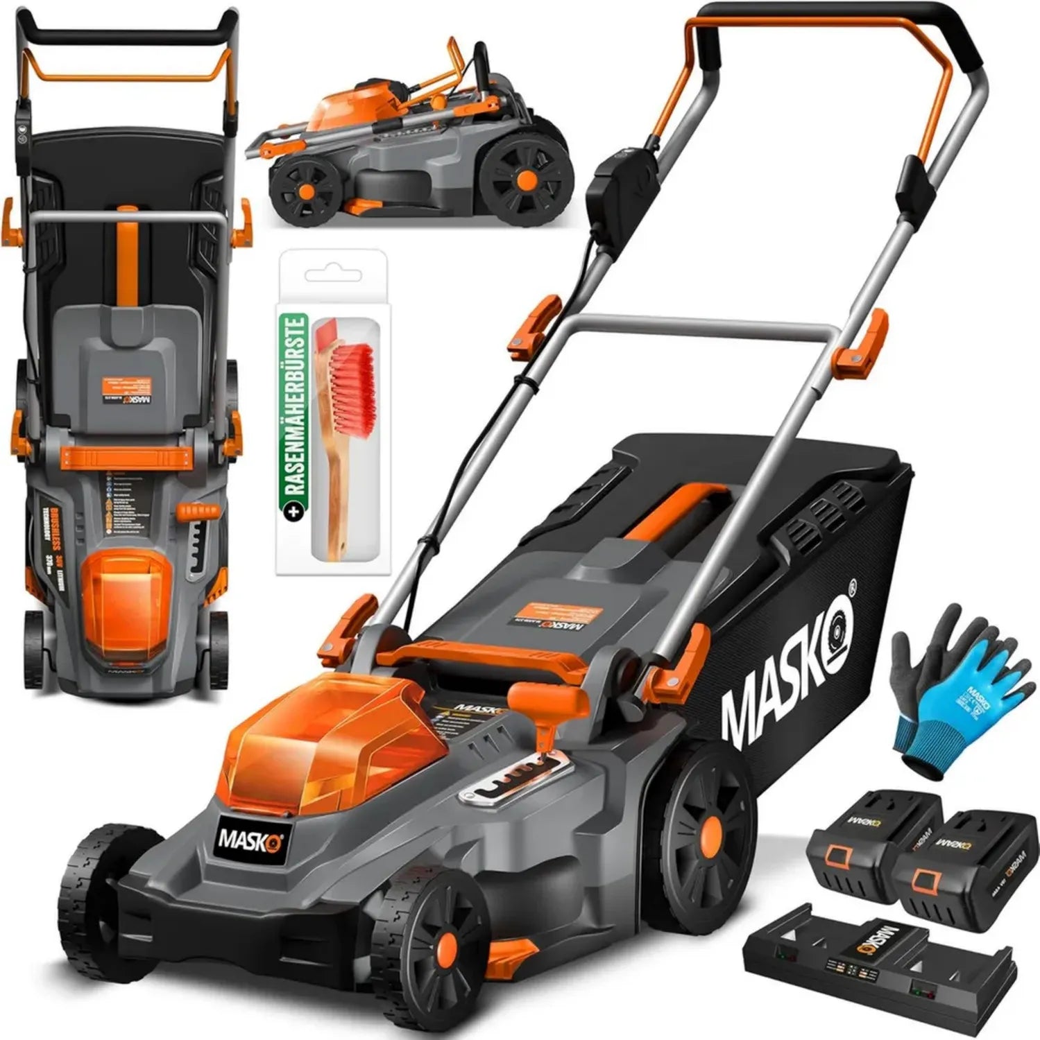 MASKO® Akku-Rasenmäher mit Mulchfunktion, 2x 4Ah Li-Ion Batterien & Dual-Ladegerät, 37 cm Schnittbreite, 6-fache Höhenverstellung, 40L Fangkorb für Flächen bis 600m², inklusive Handschuhe & Reinigungsbürste