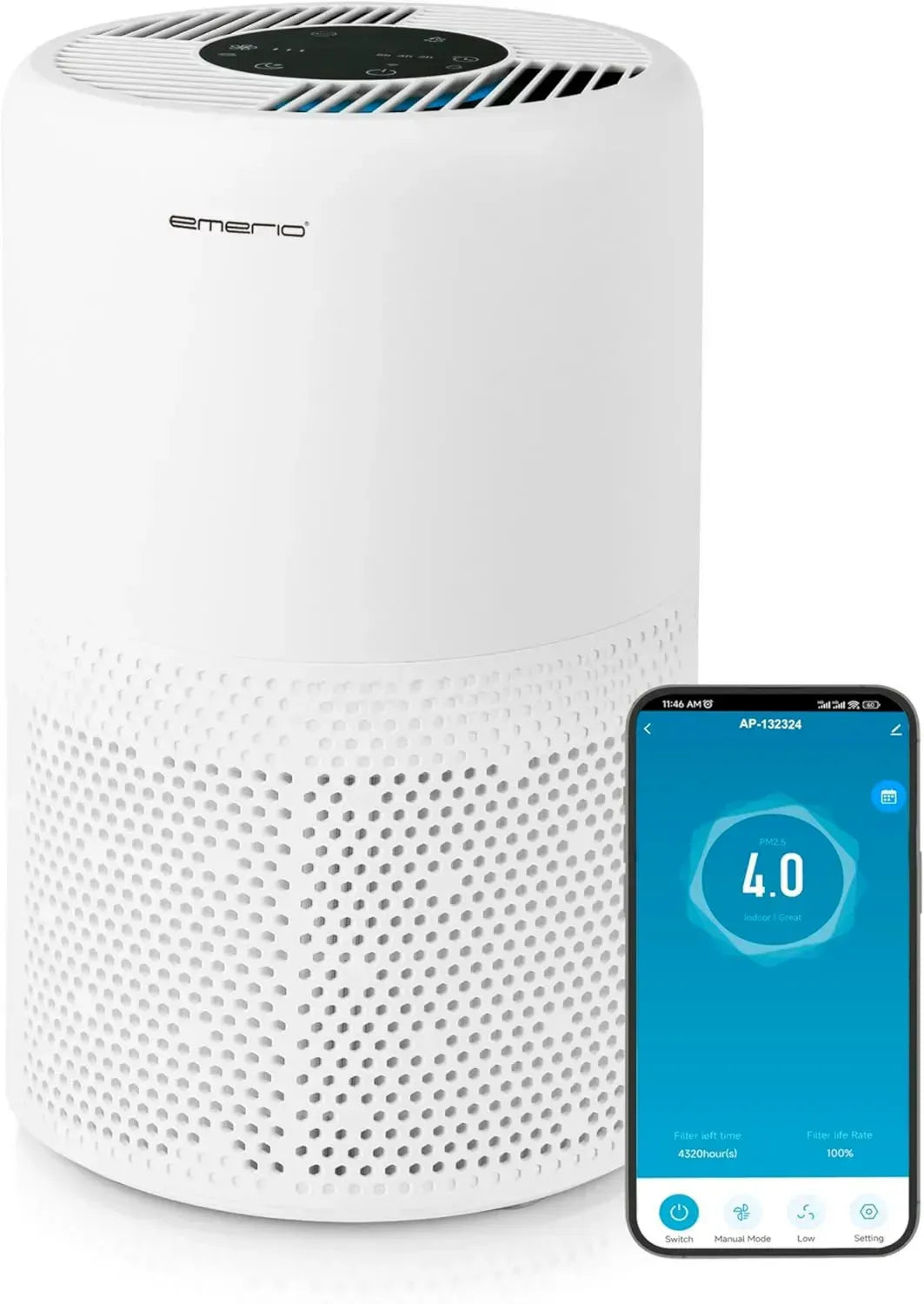 EMERIO Raumluftreiniger mit HEPA 13 Filter und App-Steuerung, ideal gegen Allergene und Gerüche bis 25m²