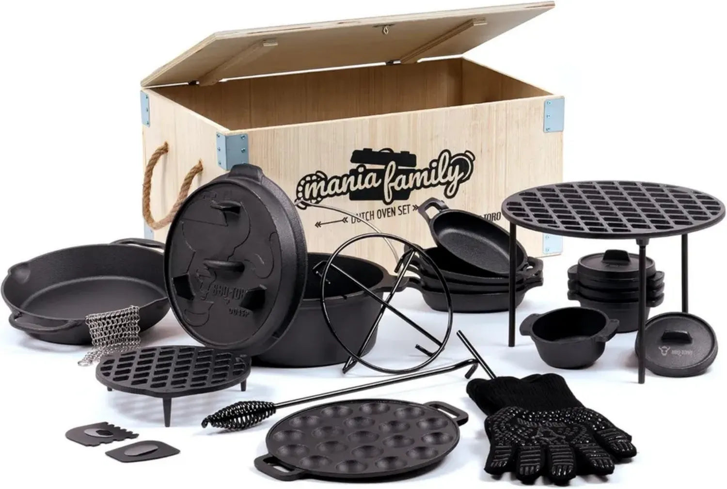 BBQ-Toro Dutch Oven Set 19-teilig in Holzkiste | Feuertopf, Grilltopf und mehr | Vorbehandeltes Gusseisen