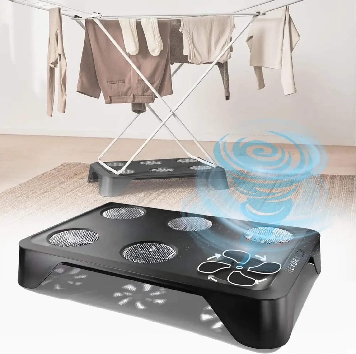 HEYDRY® Energiesparende Mobil-Trockner für Wäscheständer - Kompakter und tragbarer Ventilator, Made in Germany, schonend für alle Textilien, Schwarz