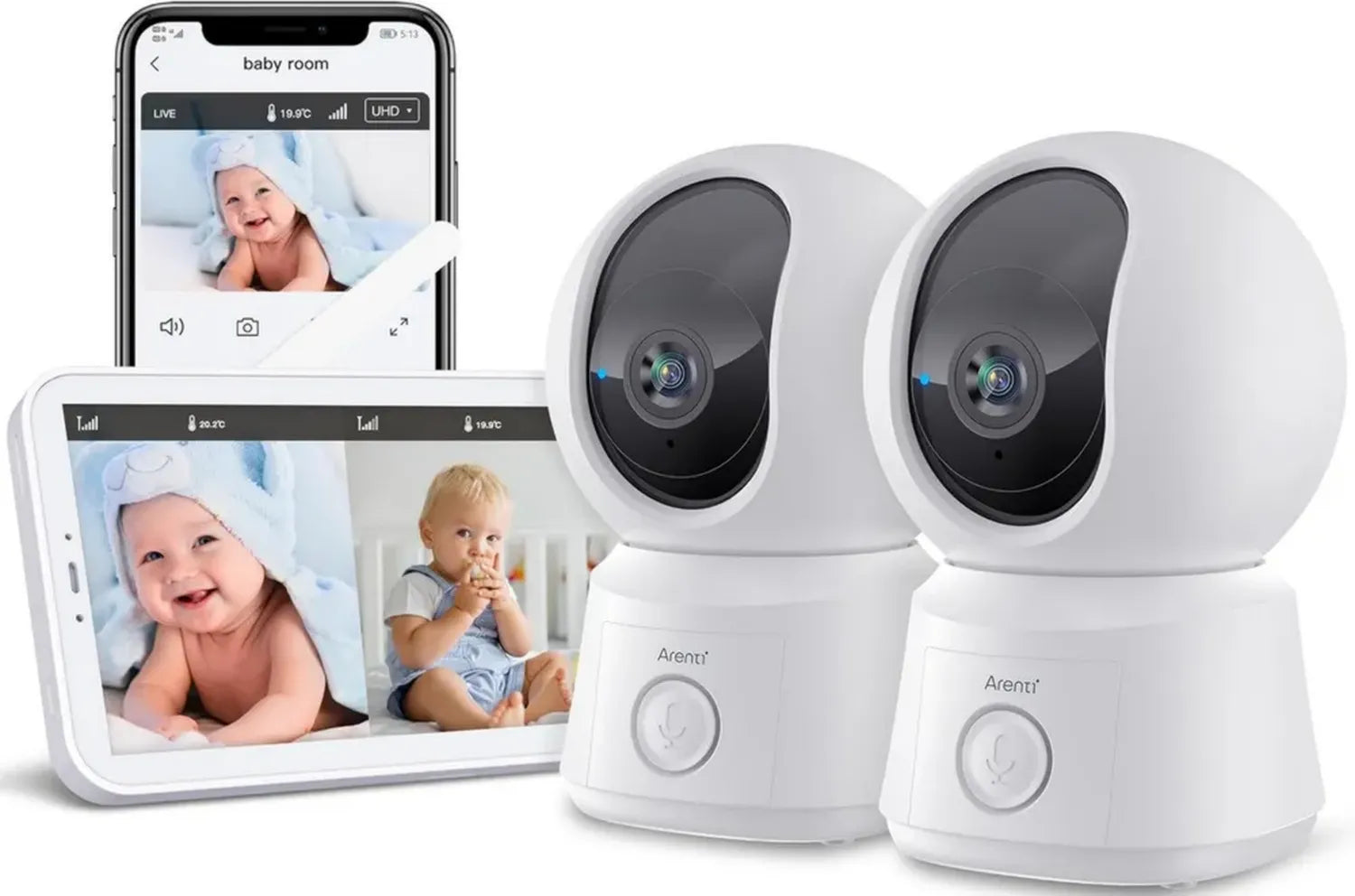 ARENTI 5' Babyphone mit Dual-Kamera und App, 1080P PTZ, Temperatursensor, Nachtsicht, Zwei-Wege-Audio, VoX-Modus, Automatische Verfolgung