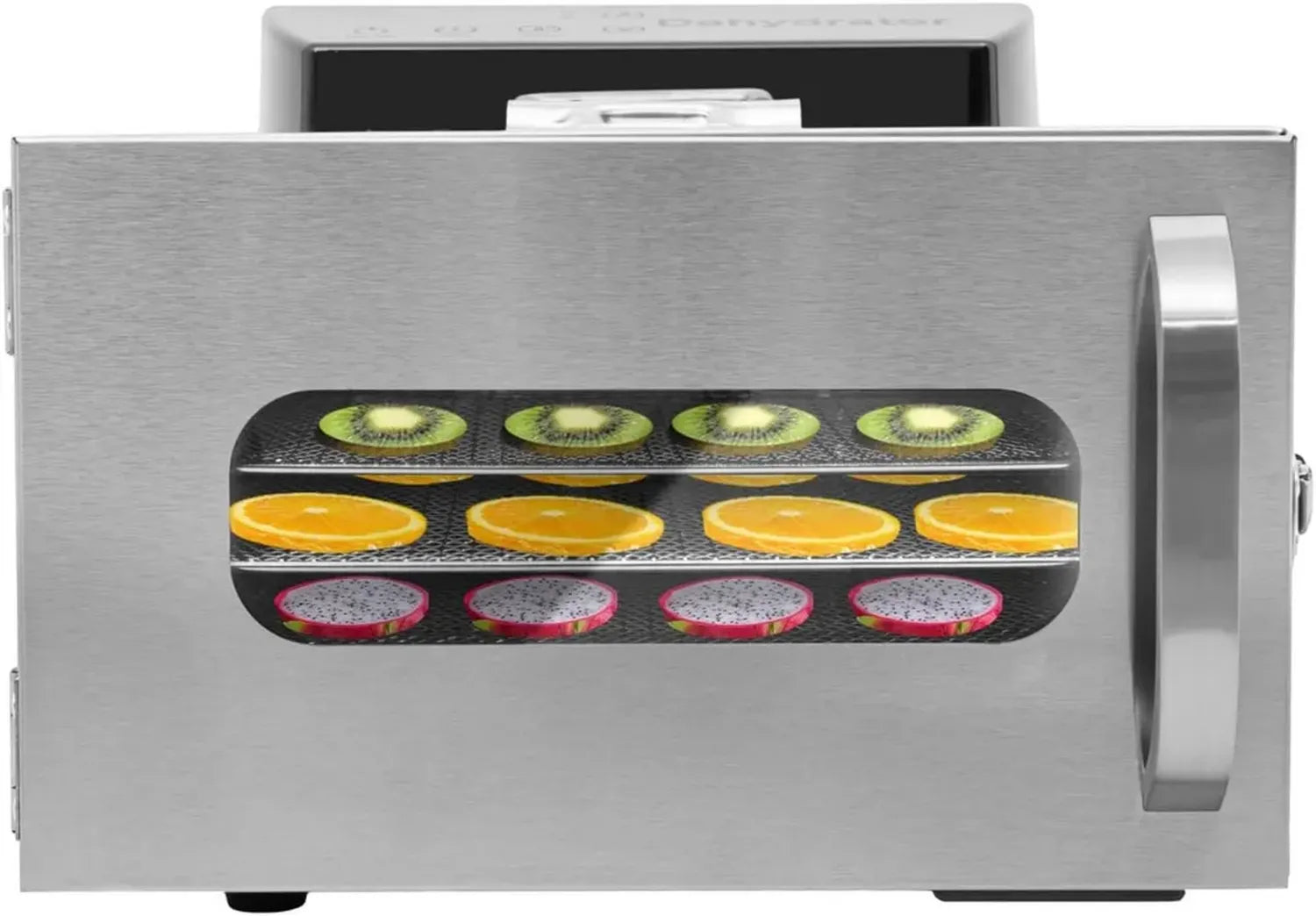 Professioneller Dörrautomat aus Edelstahl mit 6 Ebenen, ideal für Obst, Fleisch, Gemüse und Kräuter, präzise Temperaturkontrolle von 30-90°C, 24-Stunden-Timer und intuitives LCD-Touch-Display
