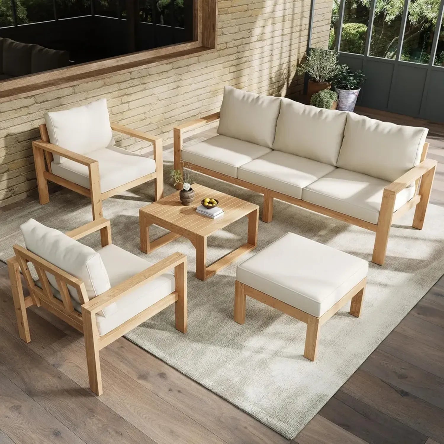 Merax Akazienholz Gartenlounge-Set, 3-Sitzer Sofa, Sessel, Hocker und Tisch, für Terrasse und Balkon, natürliche Cremefarben