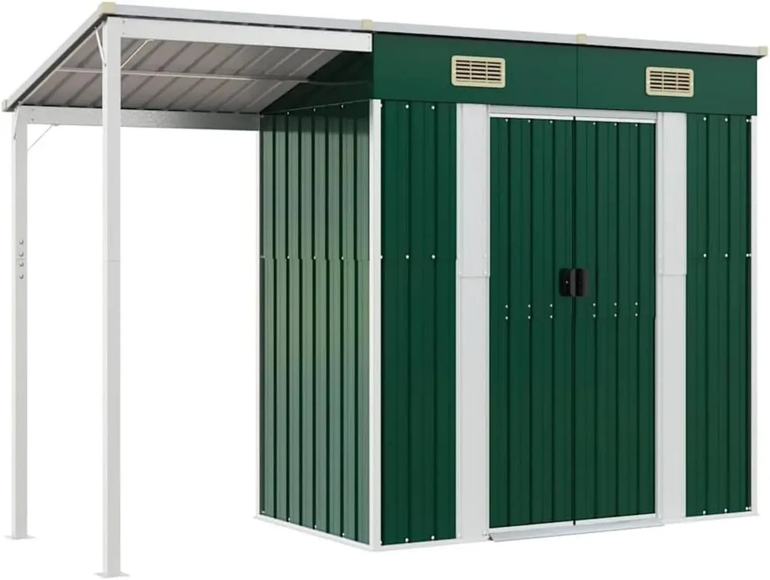 Metallgerätehaus mit Anbauschuppen, Grünes Stahl Gartenschuppen für Werkzeuge