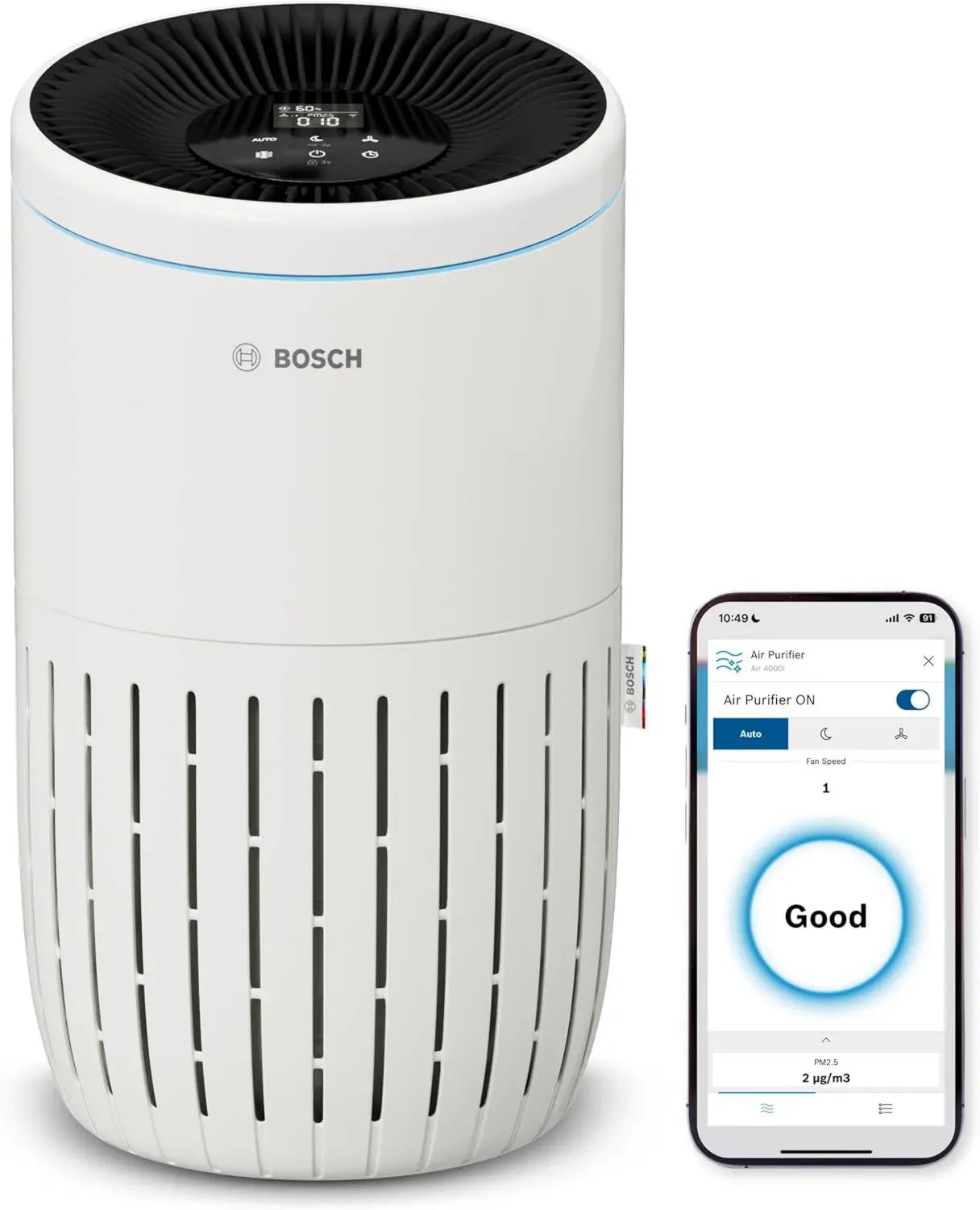 Bosch Air 4000i Intelligenter Luftreiniger - Effektiv für Räume bis 62,5 m² - Beseitigt Schadstoffe - 3-in-1 Filter, Automatik und Leisemodus - CADR: 300 m³/h