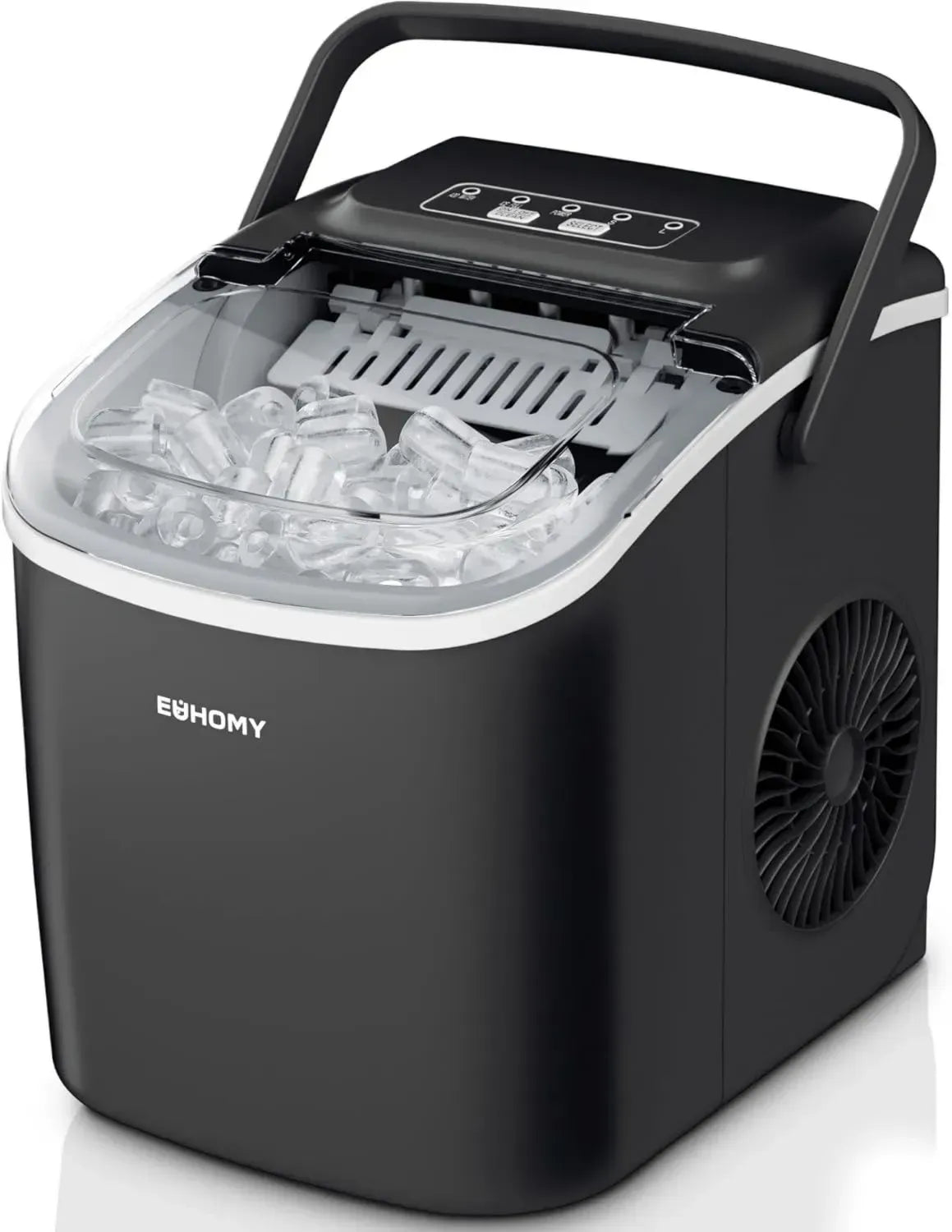 EUHOMY Kompakte Eismaschine, 12KG Kapazität, 9 Eiswürfel in 6 Minuten, Schwarz, Tragbarer Griff, Selbstreinigend