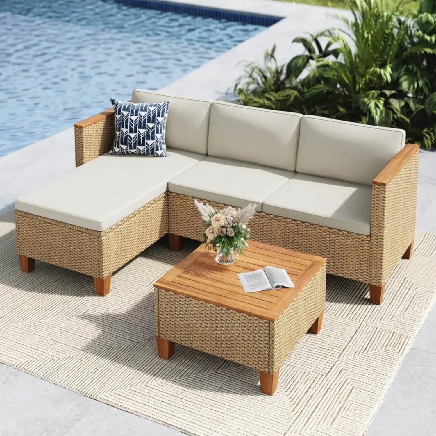 3-tlg. Rattan Gartenset für 4 Personen mit Beigen Kissen & Holztisch, L-förmiges Sofa für Terrasse & Balkon
