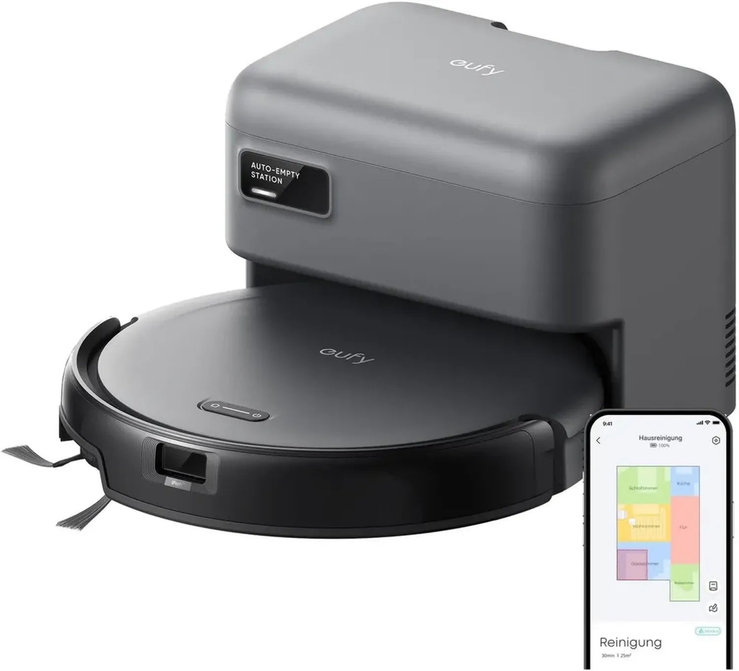 eufy Saugroboter C10 mit Absaugstation, nur 7,3 cm hoch, ideal für Teppich und Ecken, automatische Reinigung und Navigation
