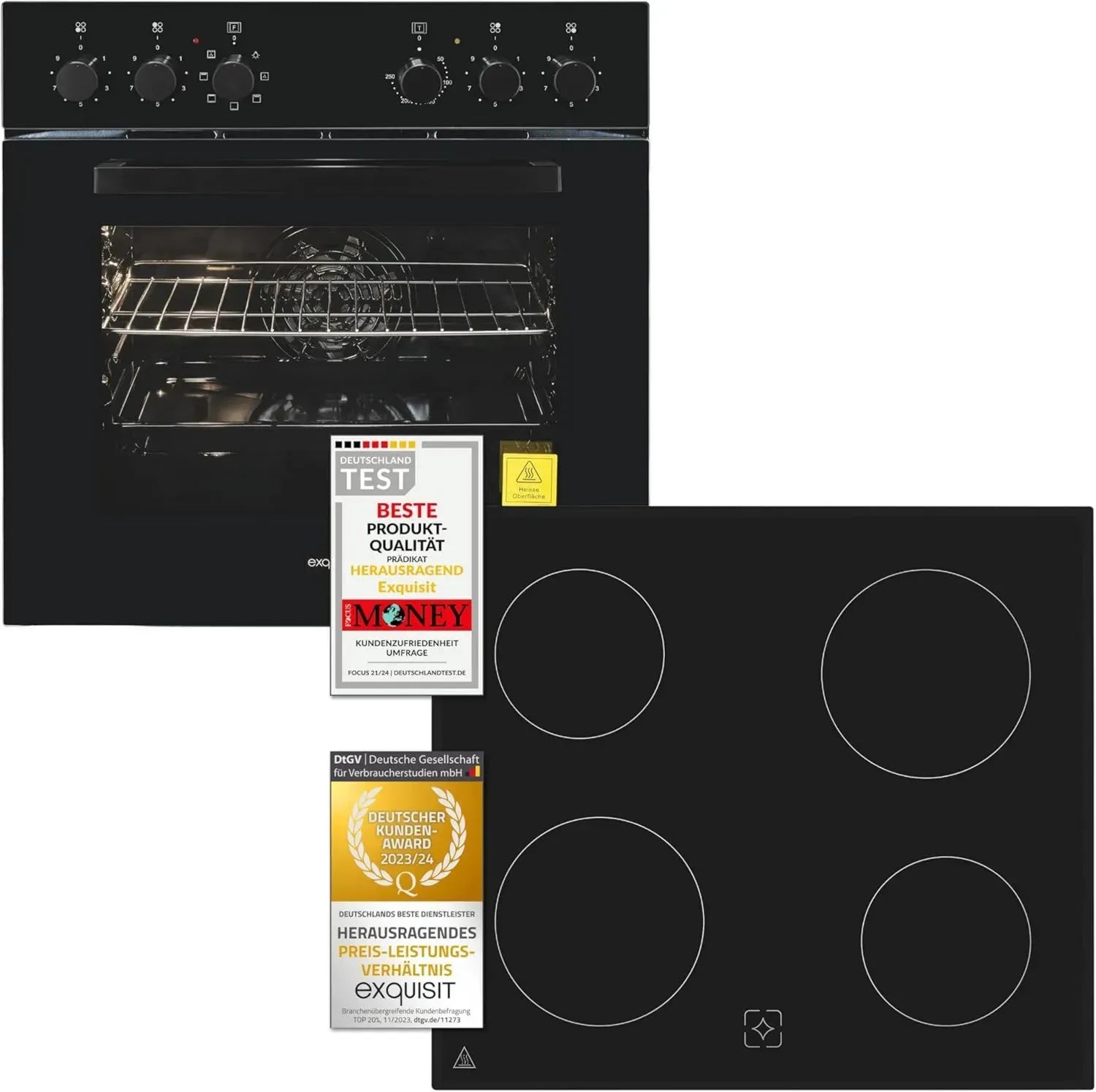 Exquisit Einbauherd-Set EHE256-U-020-Set Schwarz | Energieklasse A | 59L Backofen | Glaskeramikkochfeld | 60 cm Breite