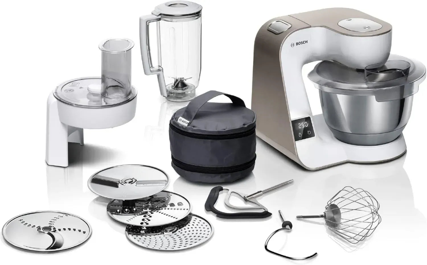 Bosch Küchenmaschine Serie 4 mit integrierter Waage, 1000W, Edelstahl-Schüssel 3,9L, umfangreiches Zubehör, weiß